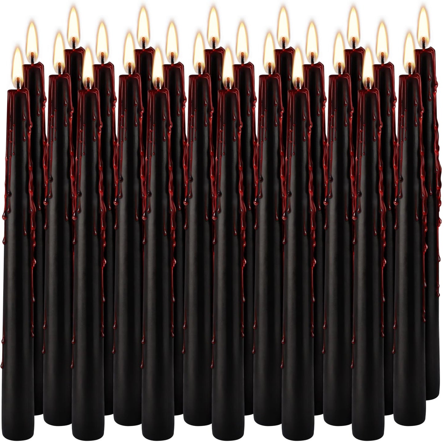 24 Pack Vampire Tears Taper Candles, 10 inch Tall Bleeding Candles, Unscented Black Tapered Candlesticks, Spooky Blood Drip Candle Set for Halloween Party Gothic Home Decorations