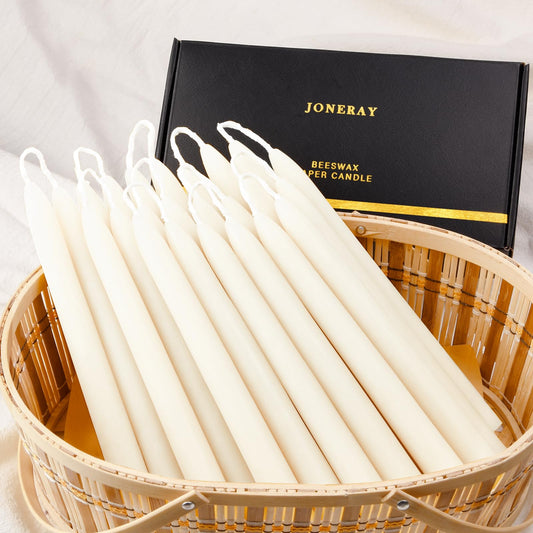 JONERAY Ivory Beeswax Taper Candles, Unscented and Smokeless Taper Candles, 8-inch Pure Natural Bees Wax for Holiday, Birthday (Pack of 24)