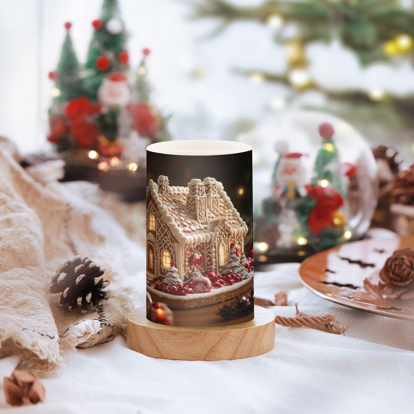 WEVIBOFU Gingerbread House Flickering Flameless Candles LED Battery Operated with Remote Timer Pillar Candles for Home Birthday Wedding Christmas Decor, Set of 2