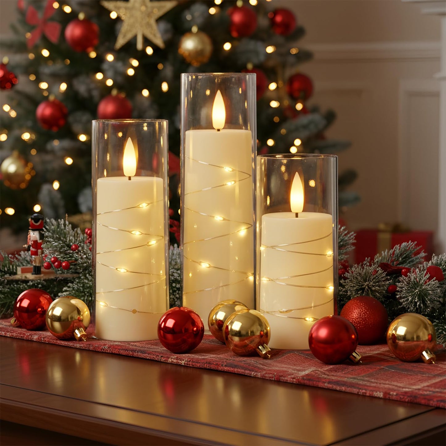 Raycare Flameless Candle with Remote Timer 7 Flickering Acrylic Battery Operated LED Pillar Candles with Embedded Star String for Christmas, Wedding, Home Table Decor, and as a Gift (Ivory White)