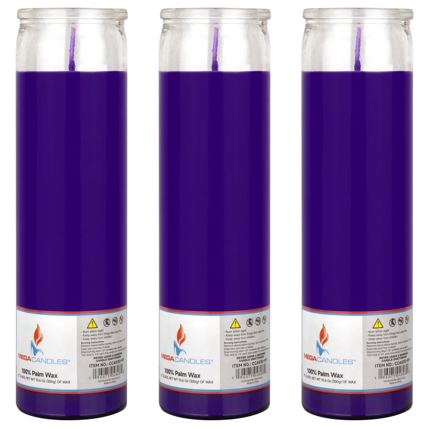 Mega Candles 3 pcs Unscented Purple Glass Container Devotional Prayer Candles, Shortening Wax Candle 2 Inch x 8 Inch, Sanctuary, Vigils, Prayers, Spiritual, Blessings, Religious, Altar, Remembrance