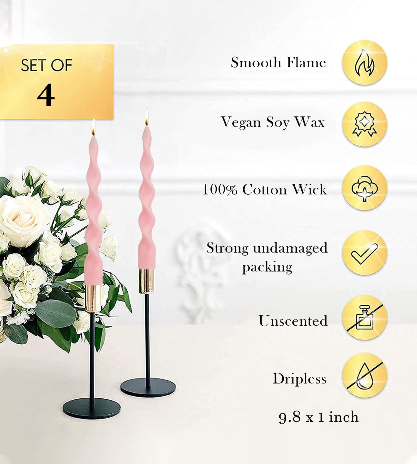 LPUSA 9.8" Pink Tall Taper Candle Sticks Dripless Taper Candle Handmade from Vegan Soy Wax for Holiday Wedding Party Home Dinner Decoration Party and Any Occasion,Set of 4(Pink)
