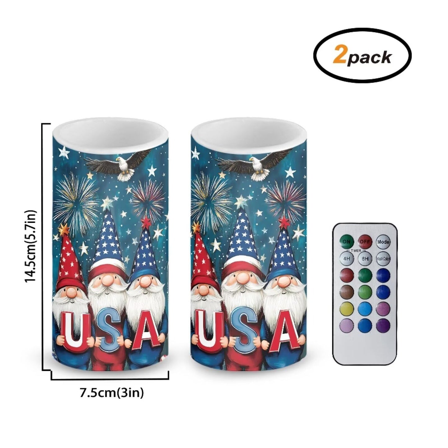 NETILGEN USA Flag Cute Gnome Print 2 Pcs Flameless Candles Battery Powered LED Pillar Candles with Timer Remote 4th of July Patriotic Independence Day Decor