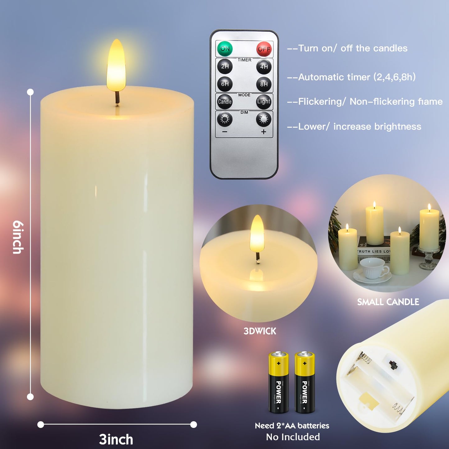 MUMCHASI 4 Packs Flameless Candles, Battery Operated with Remote, Real Wax Flickering LED Candles for Home Fall Halloween Christmas Party Candelabra D3 xH6 (Ivory)