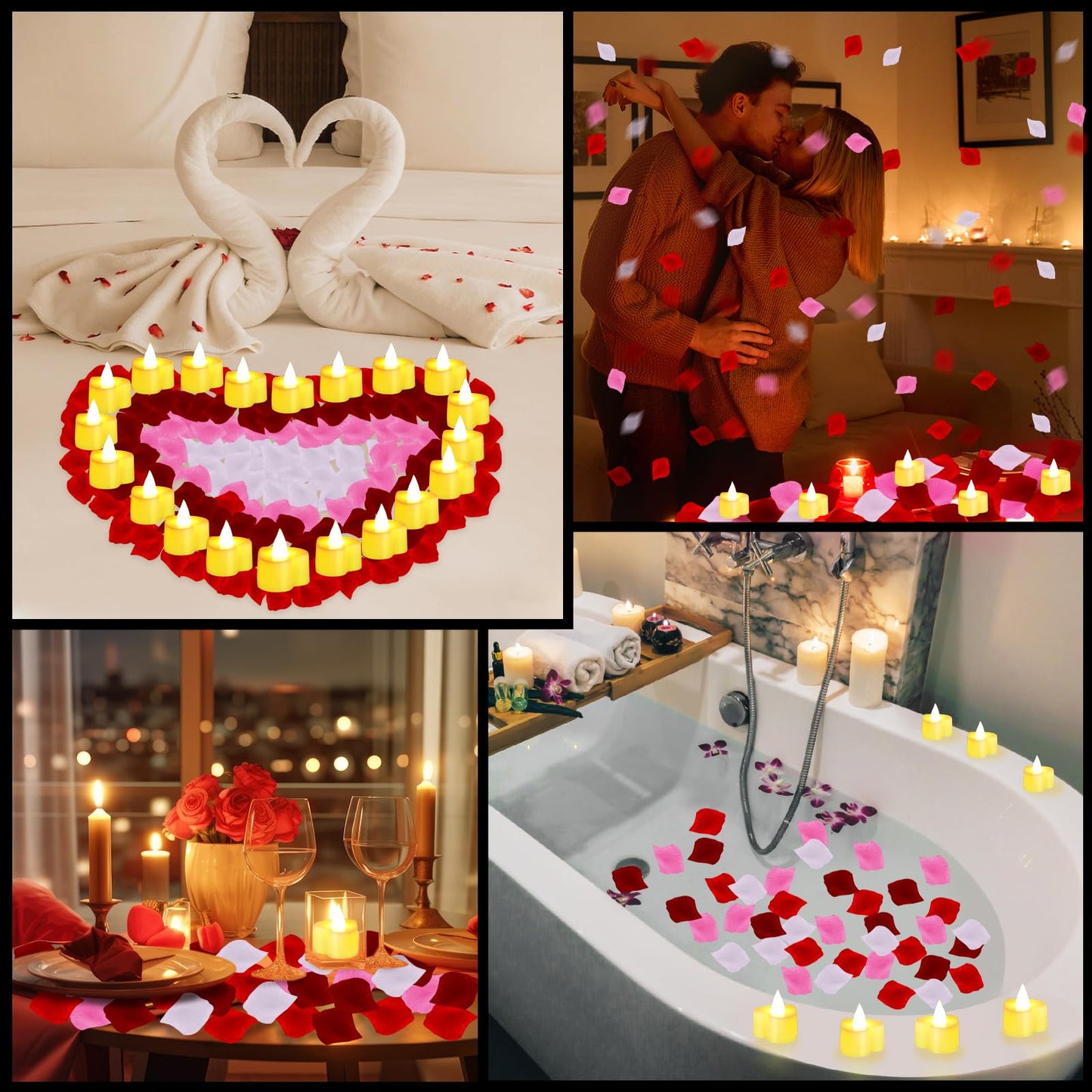 Honoson 1000 Pieces Artificial Rose Petals with 24 Pcs Flameless Heart Shaped LED Tealights Candles Special Romantic Night Decorations for Proposal Wedding Anniversary Table Decor(White with Yellow)