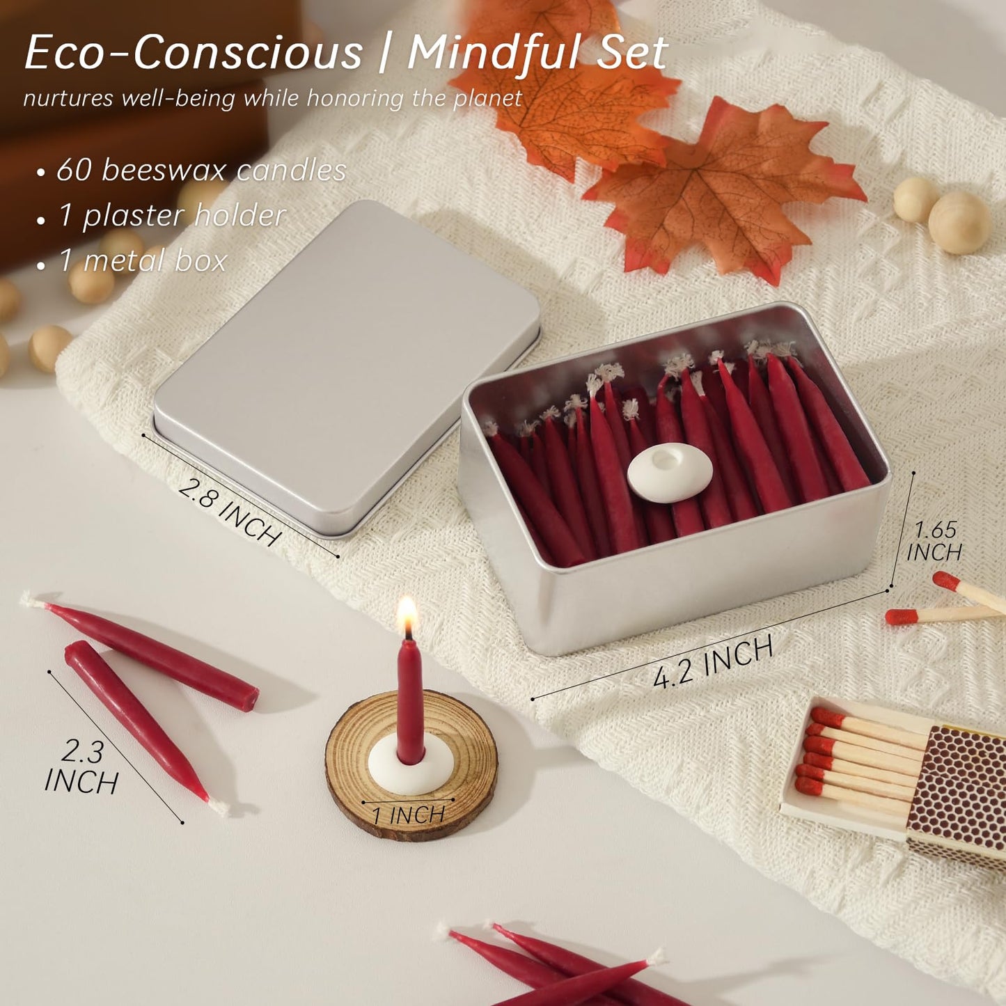 20 Minute 100% Pure Beeswax Candles, Mini Mindful Meditation Taper Candles, Smokeless & Dripless with Holder for Yoga, Prayer, Relaxation (Red,60 Pack)