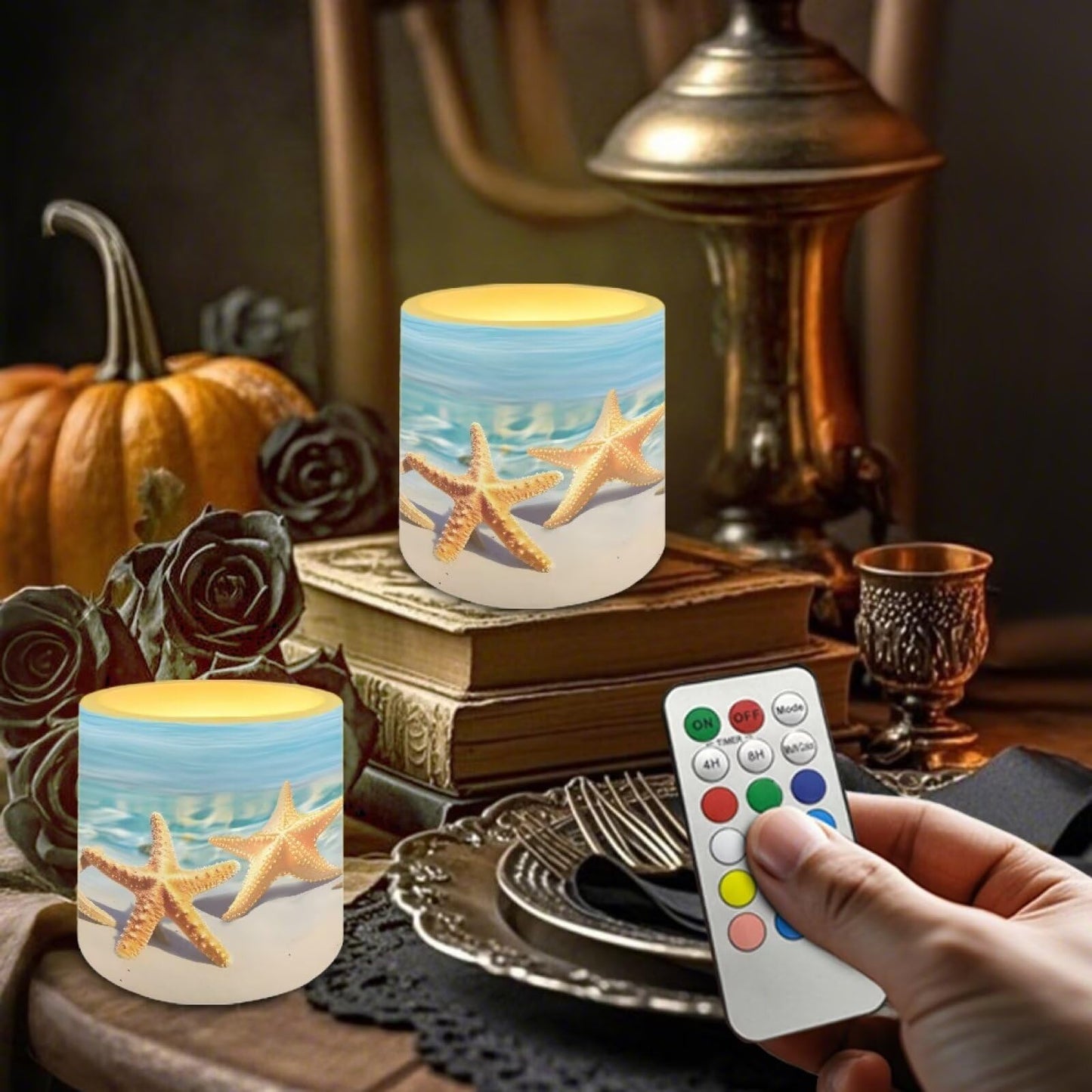 NETILGEN Flameless Candles Set of 4 Blue Beach Starfish Print Home Party Decor Realistic Flickering Flameless Candles with Timer Remote Control Battery Powered LED Candles