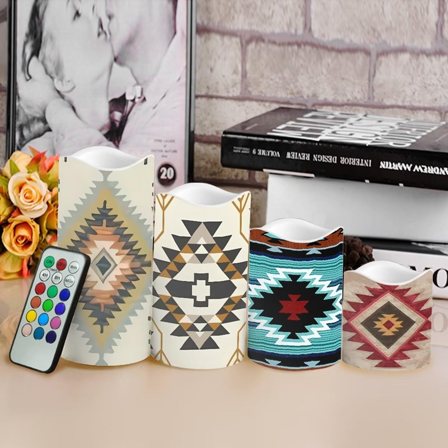 Psesaysky Aztec Flameless Candles Fake Pillar Candles LED Battery Operated Flameless Candles with Remote Color Changing & Timer Ambient Lighting 4 Packs