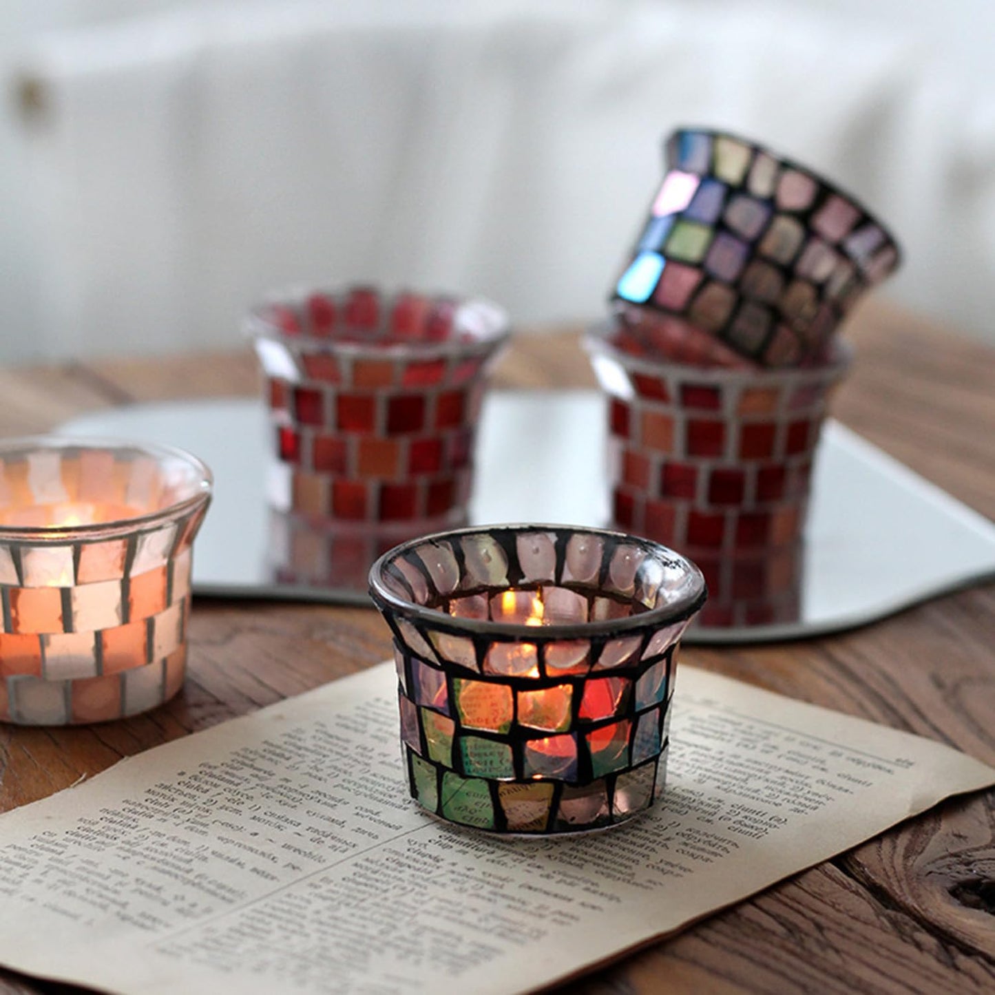 Maimeili Glass Candlestick Romantic Mosaic Broken Candlelight Aromatherapy Candle Cup for Valentine's Day Christmas Thanksgiving Tables Center of Party Decorations(NO Candles)