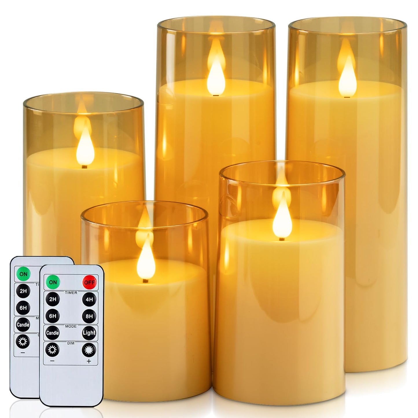 Homemory Amber Flickering Flameless Candles, Battery Operated Acrylic LED Pillar Candles with Remote Control and Timer, Fall Candles, Set of 5