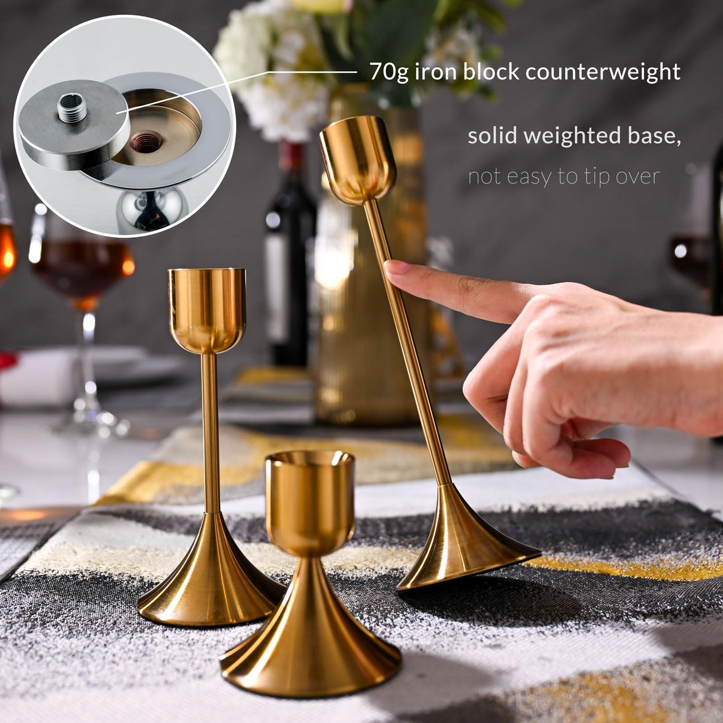 idyllictime Candle Holder Metal Heavy Base for Room Décor Christmas Decorations Party Wedding Halloween Shiny Copper, 1 Set (3 Pcs)