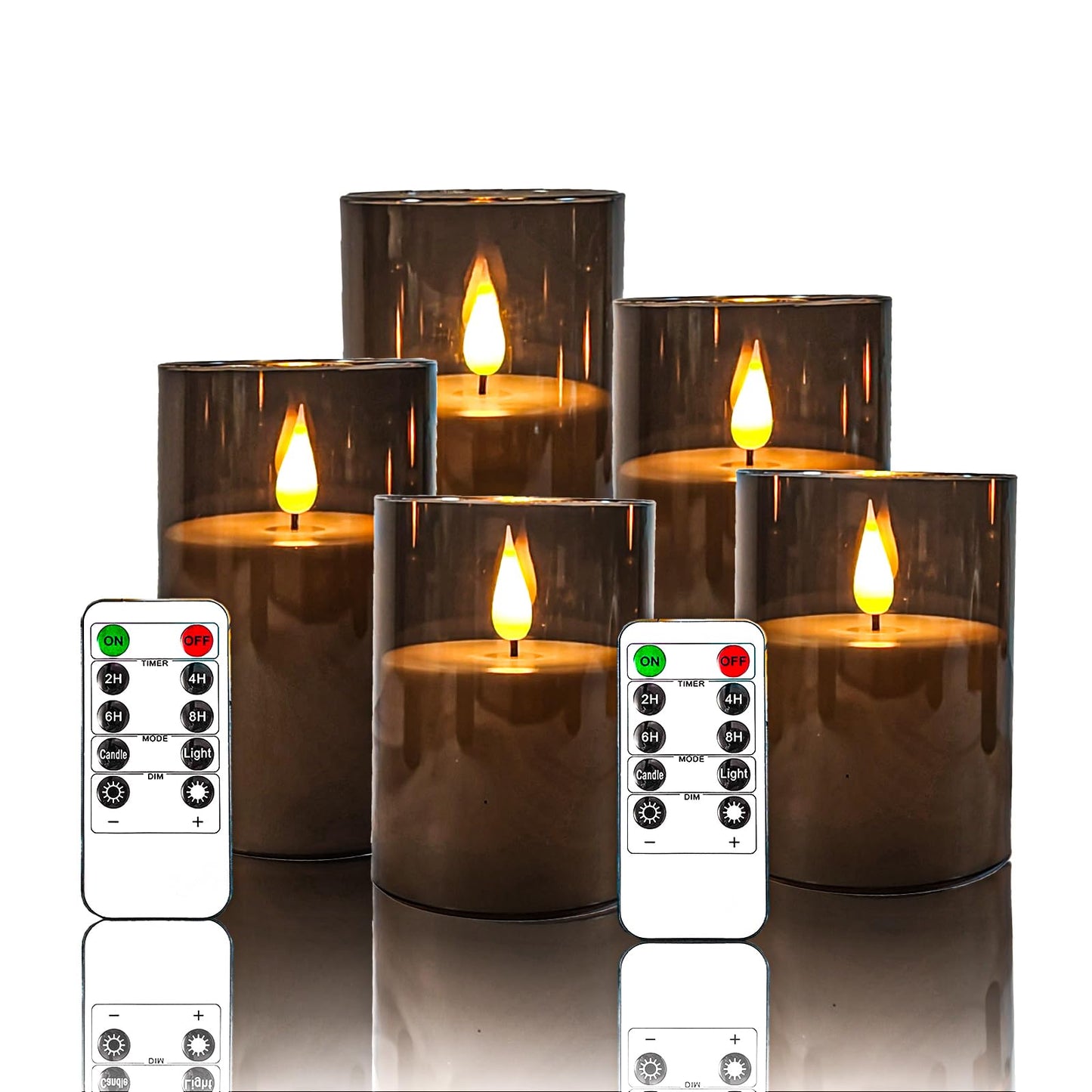 NICEME Gray Flickering Flameless Candles, Battery Operated Acrylic LED Pillar Candles with Remote Control and Timer Flameless Halloween Candles for Christmas New Year Home Decor, Set of 5