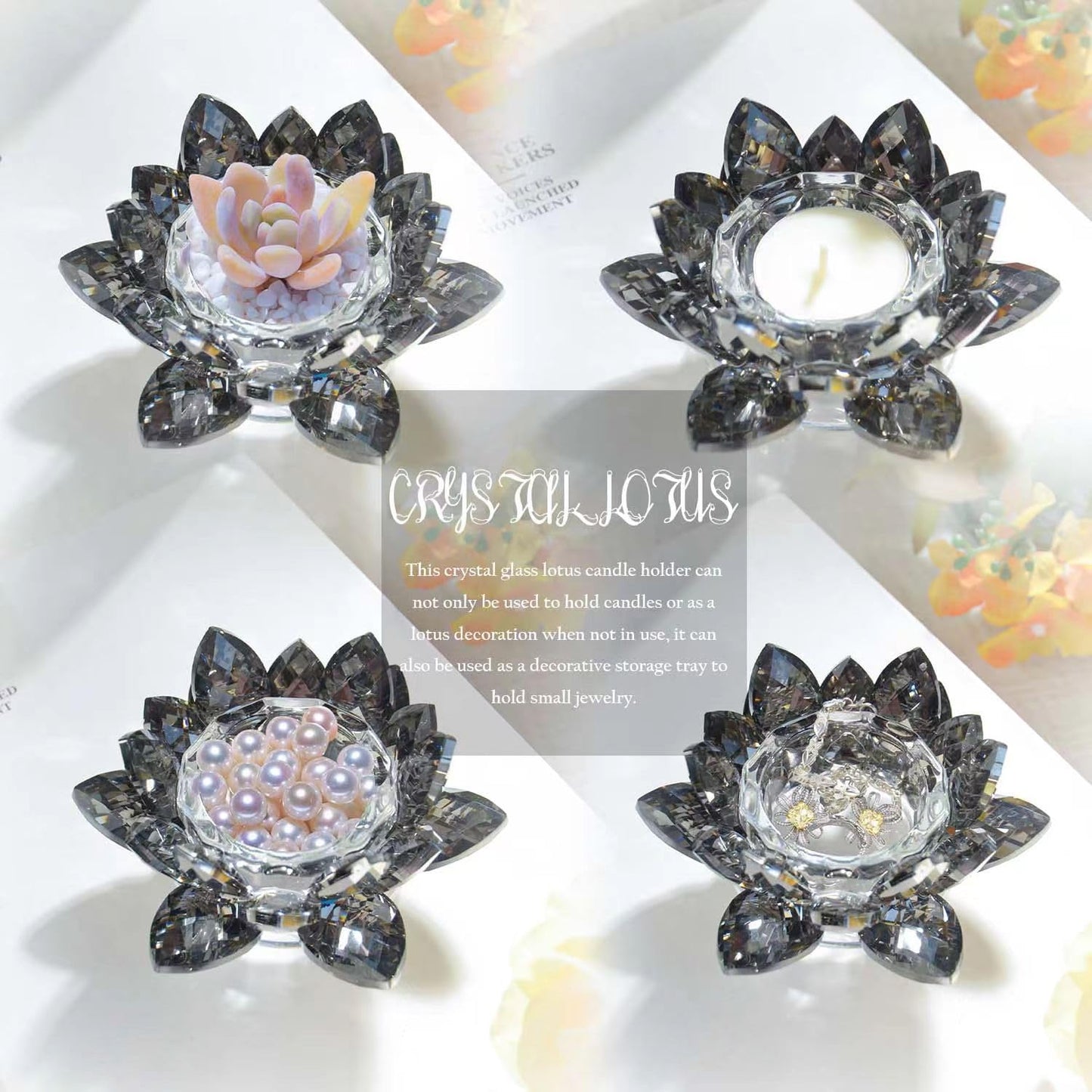 Kolnlala Crystal Lotus Flower Tealight Candle Holders/Glass Tea Light Candlestick Decor Decoration for Christmas Home Wedding Party… (1, Black 1pc)