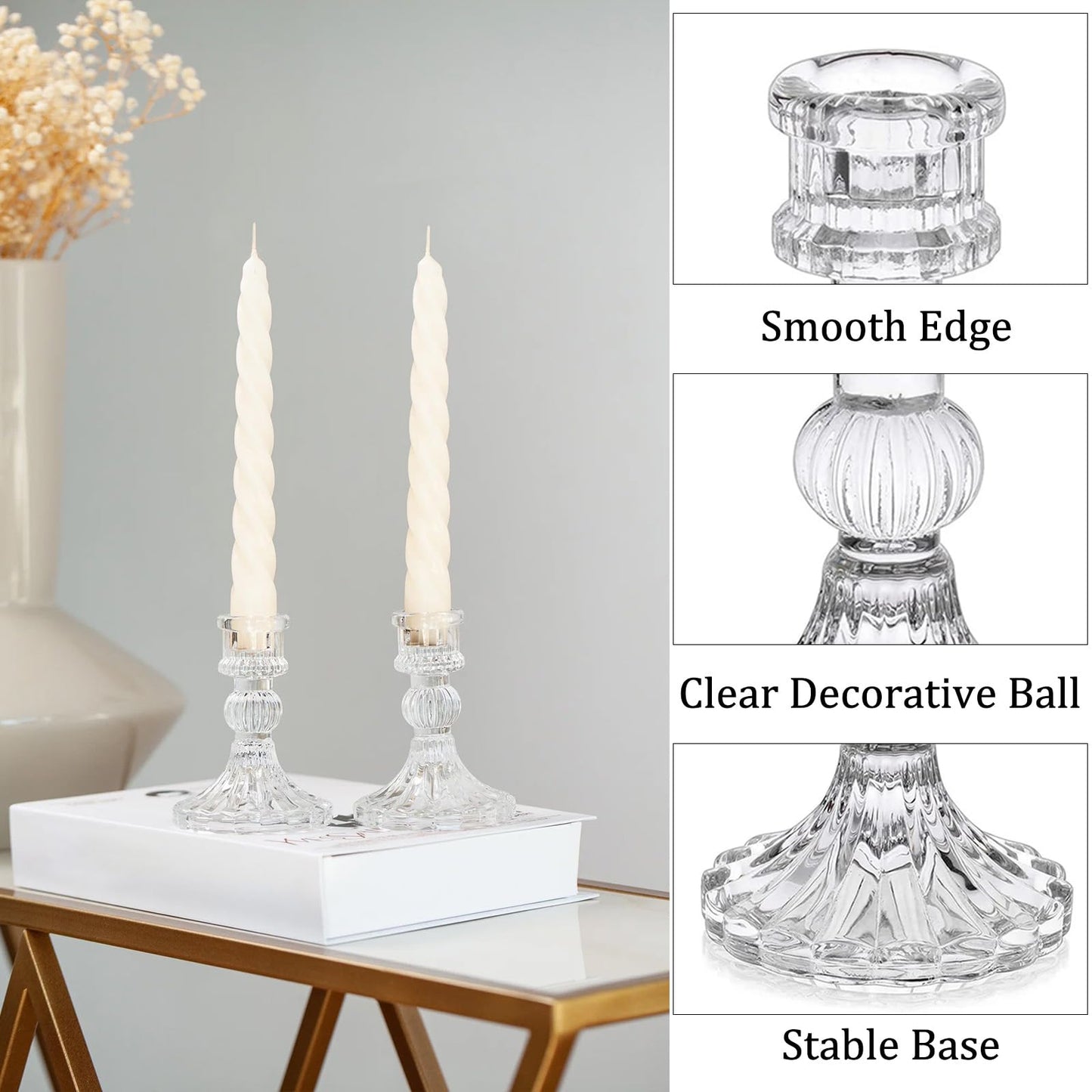 6 Pack Glass Taper Candlestick Holders, Clear Candlestick Holders, 4" H Stripe Crystal Candle Holders Decorative Candle Stand Centerpiece for Wedding, Festival, Dinning Party Table Decor