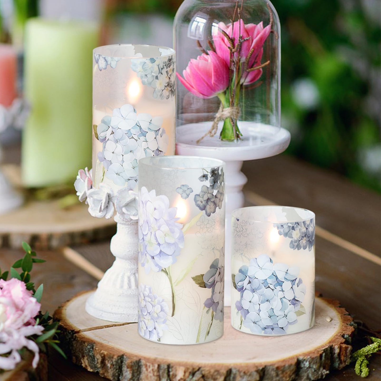 DRomance Rechargeable Hydrangea Glass Flameless Candles with Remote Timer Battery Operated LED Flickering Pillar Candles Real Wax Spring Dinner Christmas Holiday Decor D3 x H4, 5", 6"