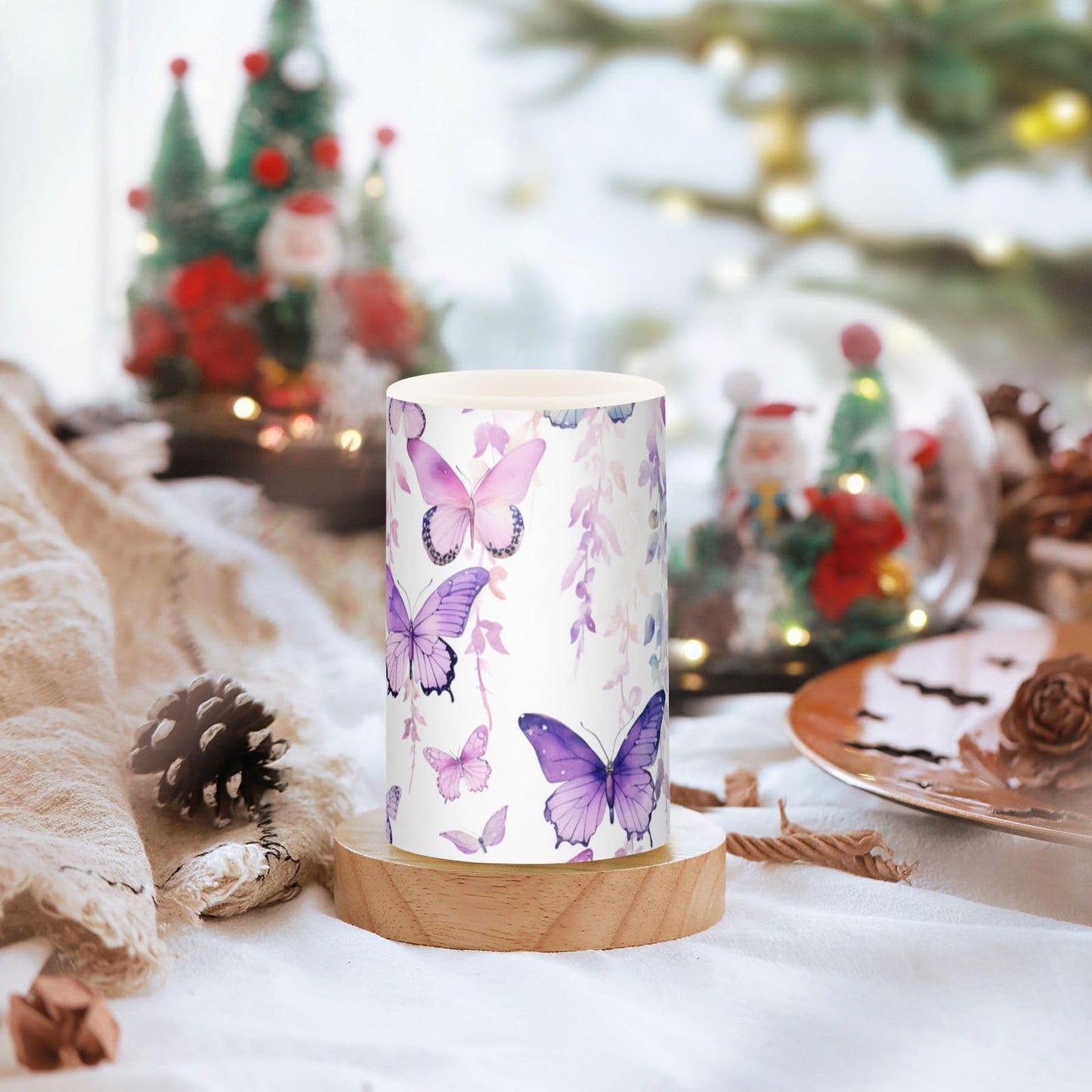 Lights Flameless Candles Purple Butterfly Leaves Pillar Candles Set of 2 Battery Operated Remote Control Warm Lights Home Decor