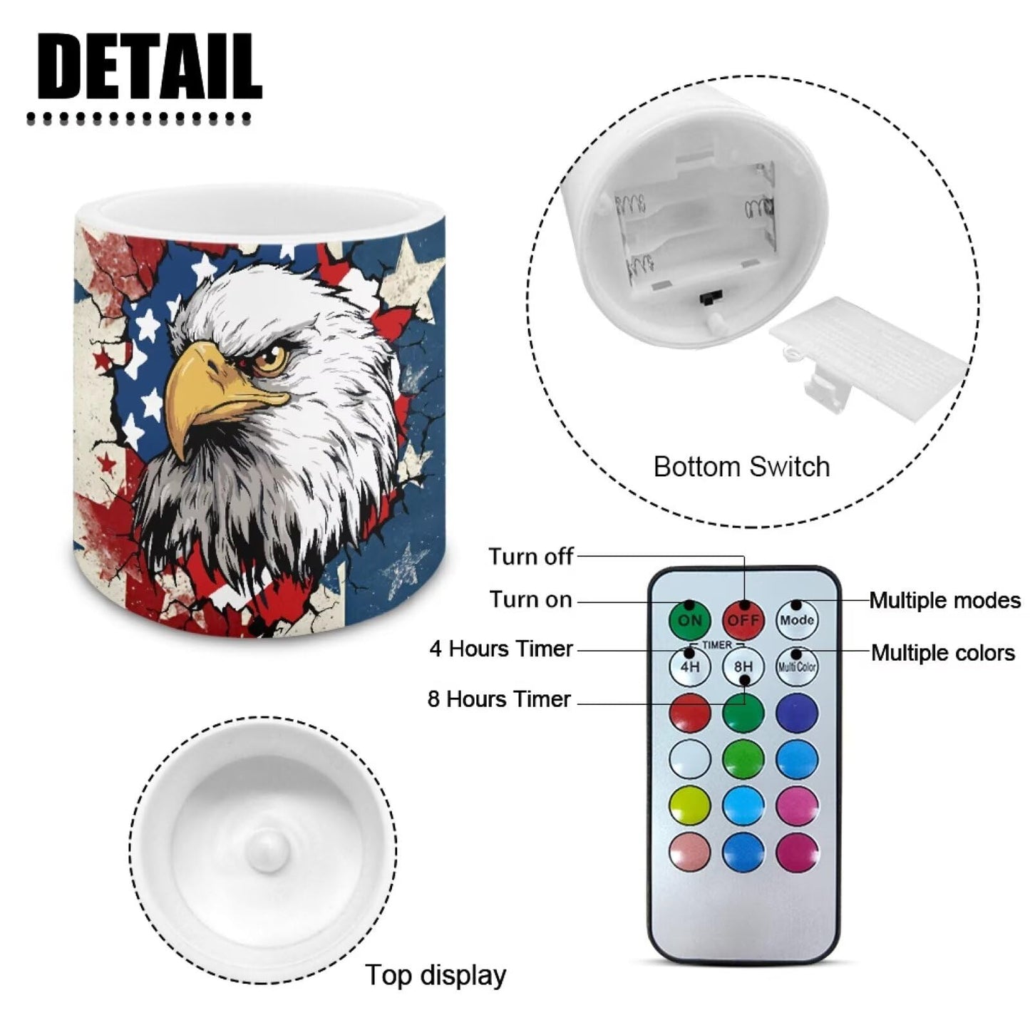 NETILGEN American Flag Eagle Daisy 3 inch Flameless LED Candles with Remote Timer Set of 4 July 4th Independence Day Decor Realistic Flickering Flameless Candles with Battery Powered