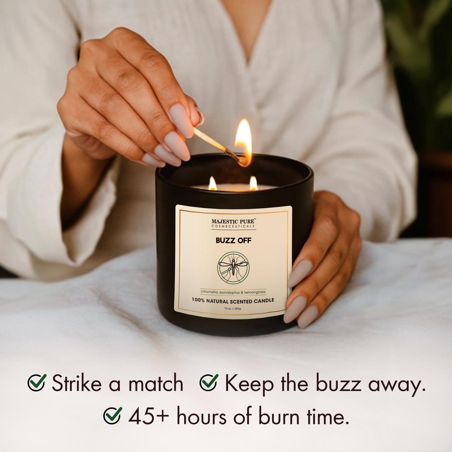 Majestic Pure Citronella Eucalyptus Lemongrass Scented Candle with Upto 45+ Hrs Burn Time, 2-Wick Candle, Soy Wax Blend for Cleaner Burn, 10 oz Jar Candle with Room Filling Fragrance, Buzz