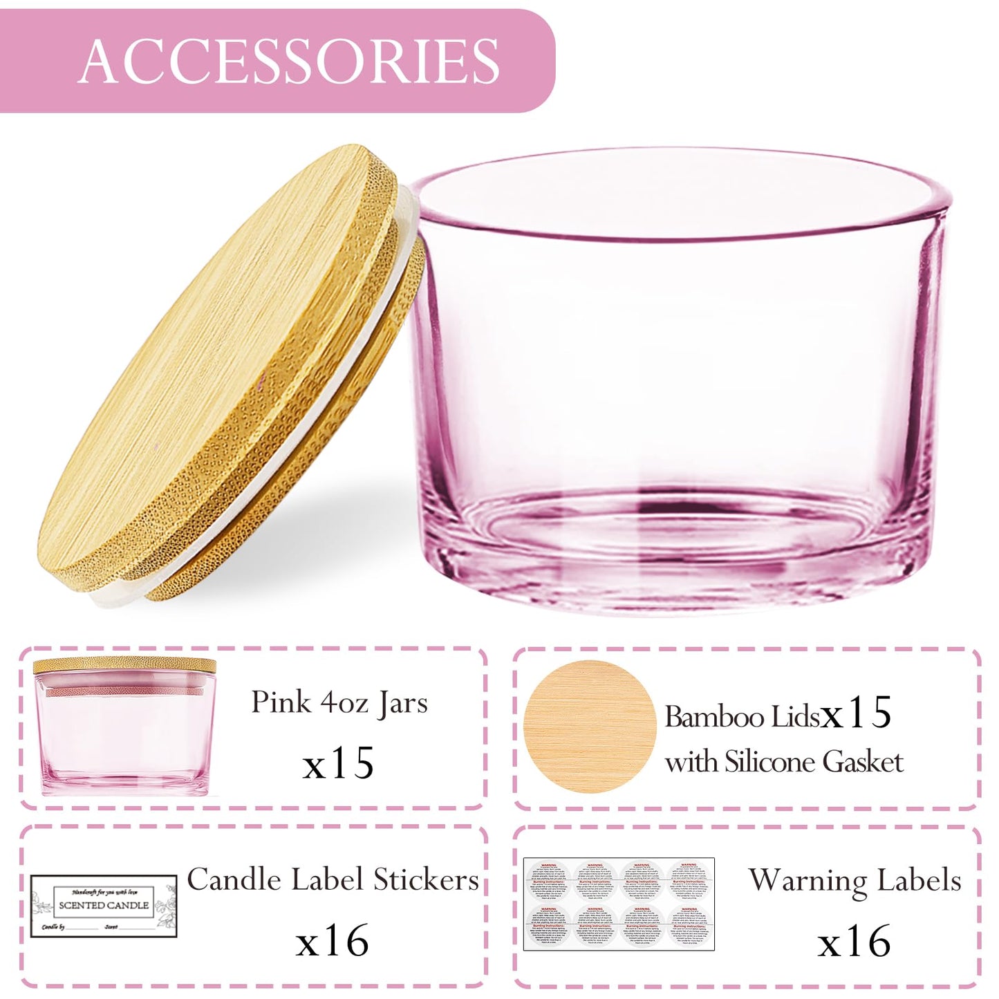 CONNOO 15 Pack 4 OZ Pink Glass Candle Jars with Airtight Bamboo Lids for Making Candles, Bulk Small Wide Mouth Empty Candle Containers with Sticky Warning Labels - Dishwasher Safe