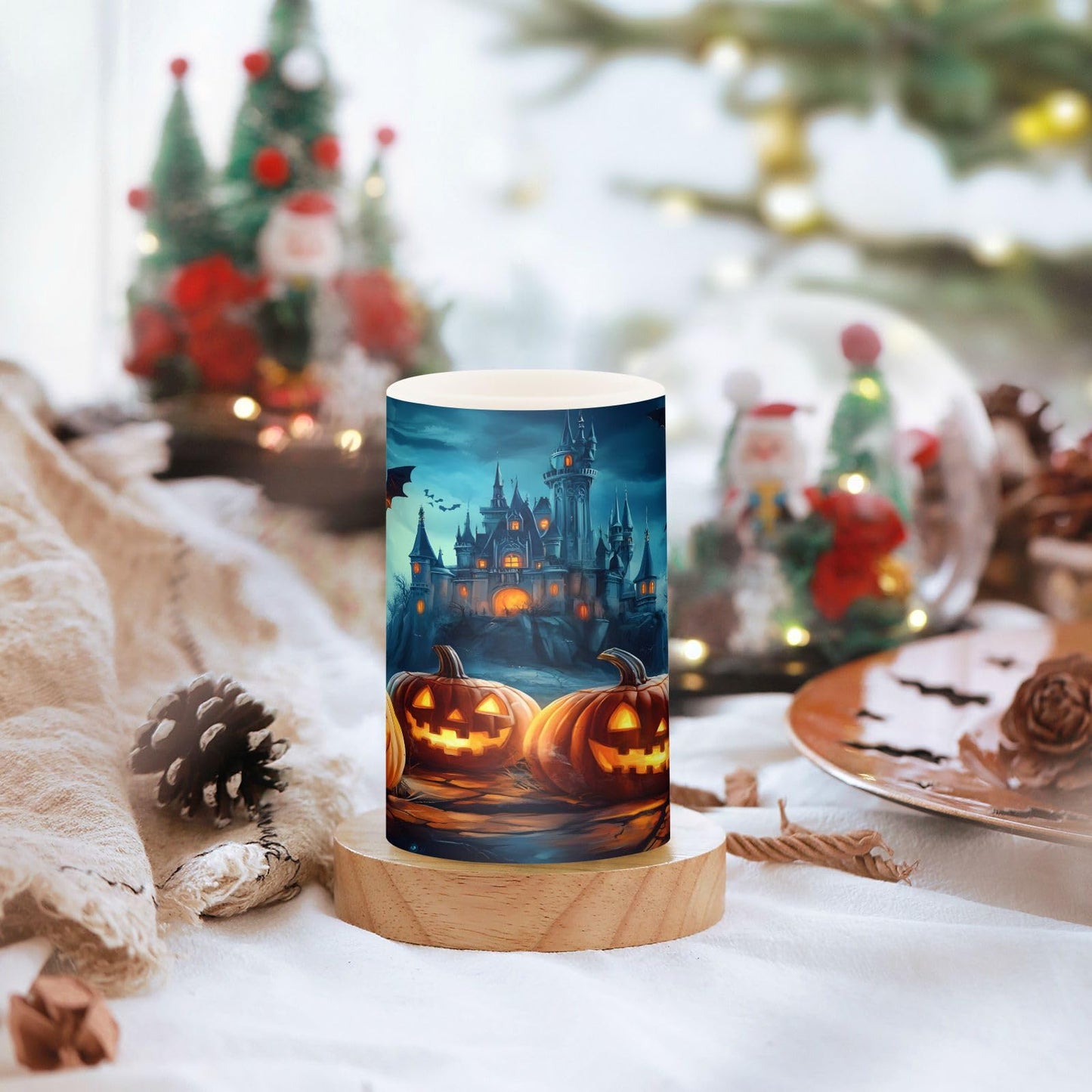 ALAZA Halloween Pumpkins Castle Flying Bat Flickering Flameless Candles Battery Operated with Remote Timer,Tea Light Candles LED Pillar Votive Candles Set of 2 for Outdoor Indoor Decorations