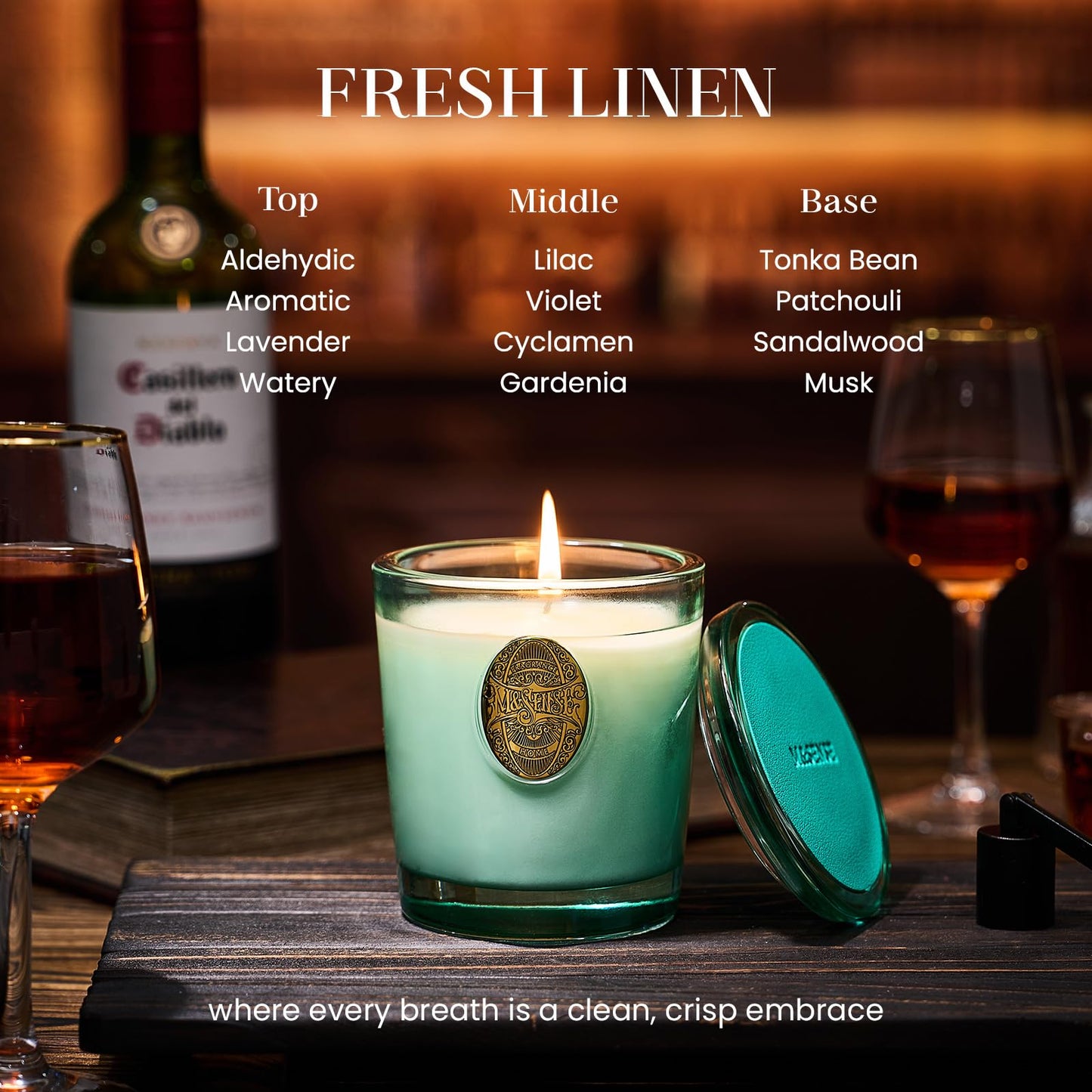 M&SENSE Natural Clean Scented Soy Candle | Fresh Linen & Neon Blue | 9.2 oz, 50H Burn Time | Luxury Scented Candle for Relaxation, Gifting, Home Décor | Ideal for Bedroom, Office, Party Ambiance