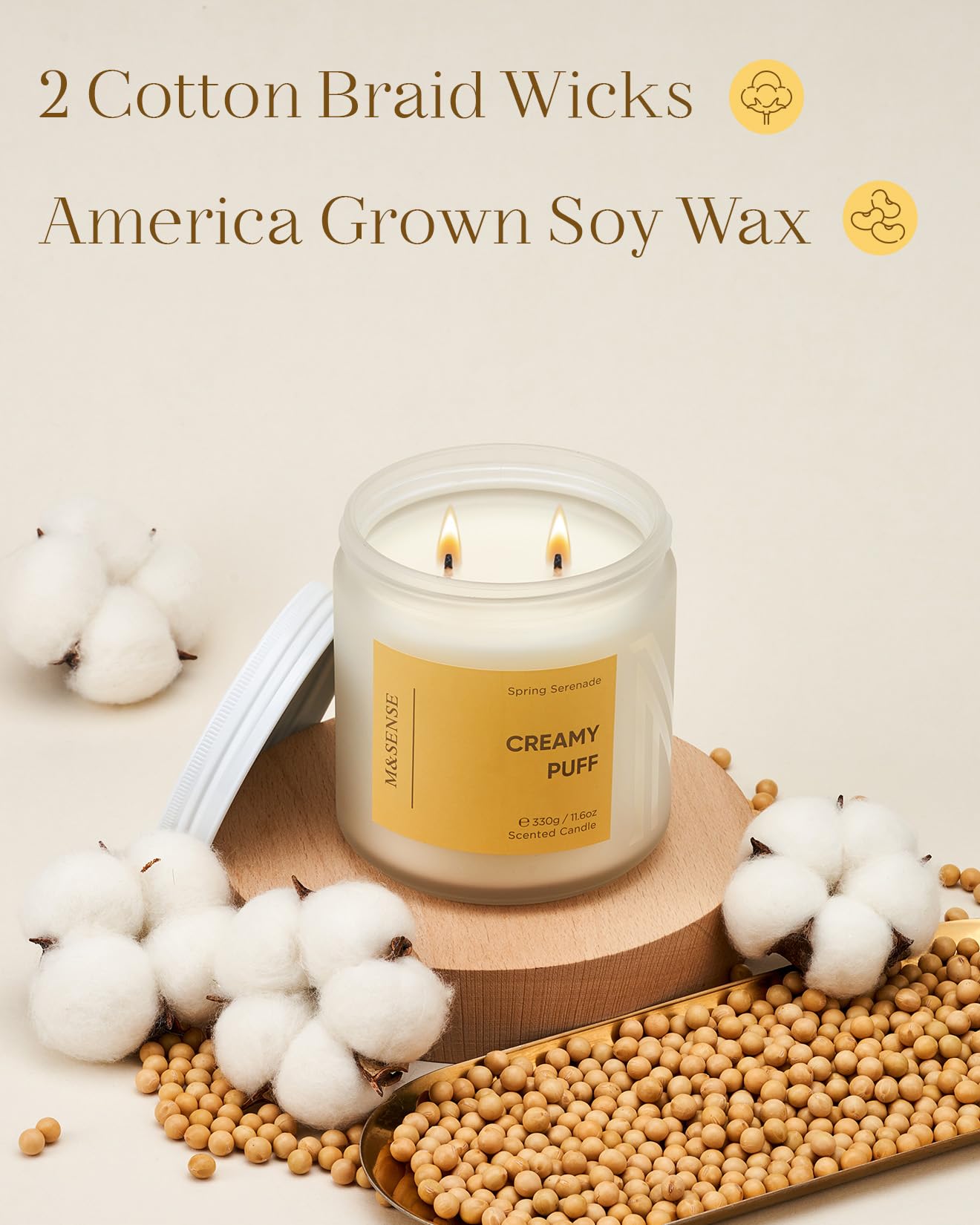 M&SENSE Sandalwood Gardenia Large Soy Candles, 11.6oz Natural Non Toxic Scented Candles for Home, 70-Hour Long Lasting Burning, 2 Wicks Spring Smelling Romantic Valentines Gift for Her/Him