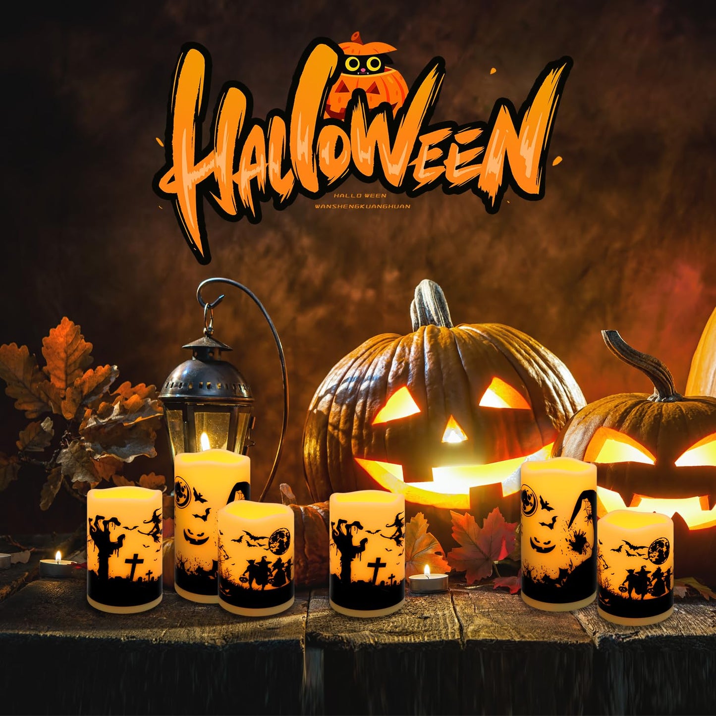 fclayvts 12-Pack Halloween LED Flameless Pillar Candles - Battery Operated with Remote & Timer, Flickering Warm Light, Witch/Bats/Castle Decals - Spooky Halloween Decor, Ghost Party Supplies, Gifts