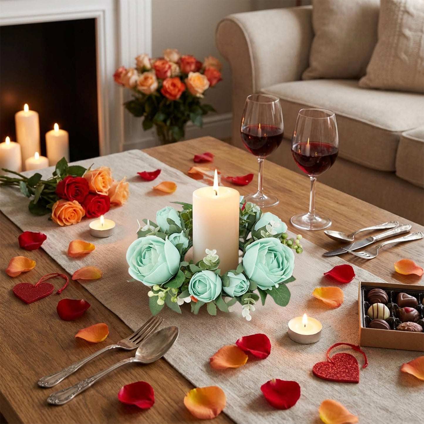 Artificial Rose Candle Rings Wreath Mini Floral Wreaths Pillar Candle Holder with Blooming Flowers and Green Leaves for Wedding Party Home Table Centerpieces Decor (Blue)