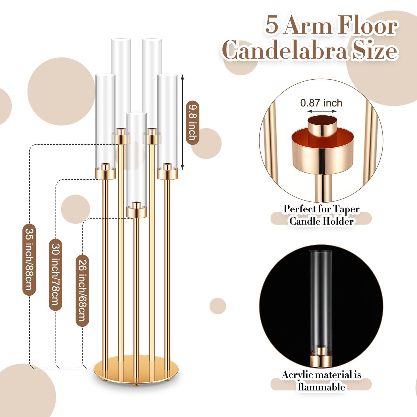 Tandefio 8 Pcs Acrylic Candelabra Centerpieces 35" Tall Clear Candle Holders Pillar Taper Candlestick with Lampshades 5 Arm Floor Candelabra Stand for Wedding Christmas Ceremony Dinner Party
