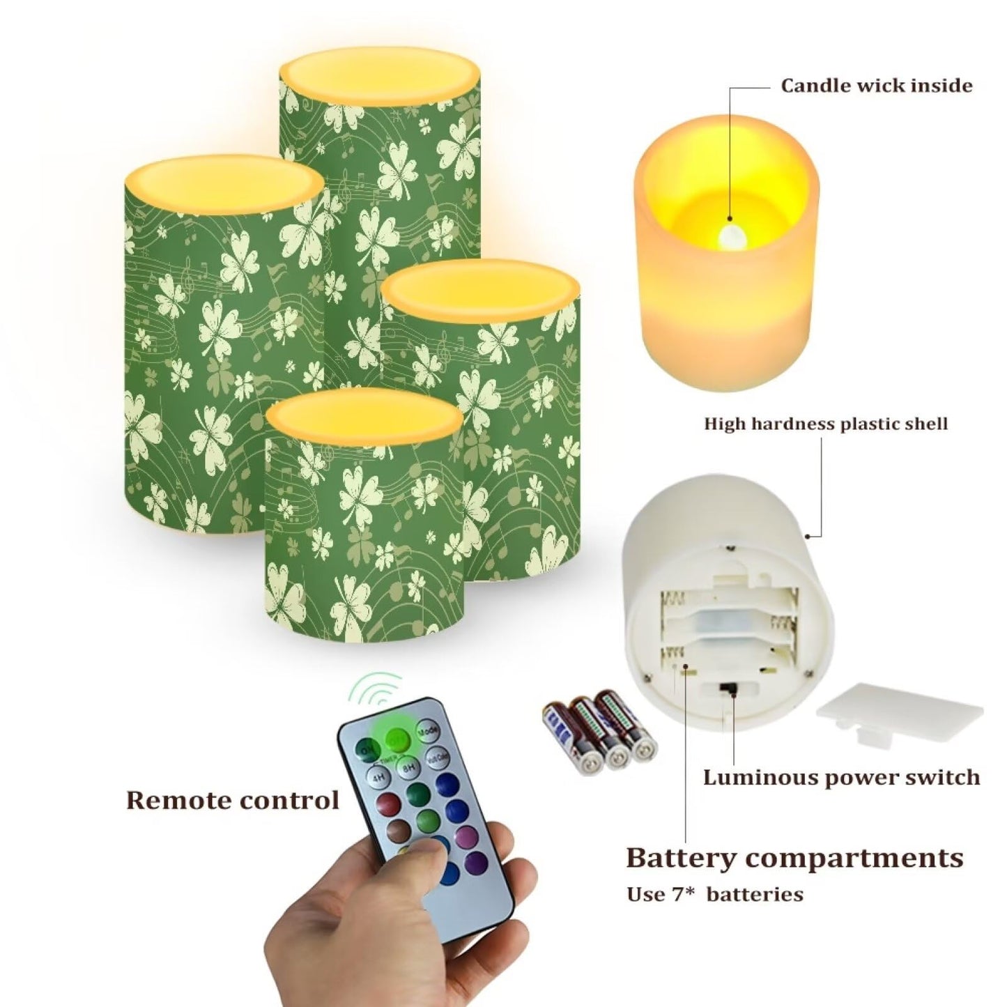 NETILGEN Flameless Electric LED Candles Decorative Lamp with Remote Timer Control Long Lasting for Home Indoor Outdoor Party St.Patrick Day Decoration Set of 4, Green Grass Music