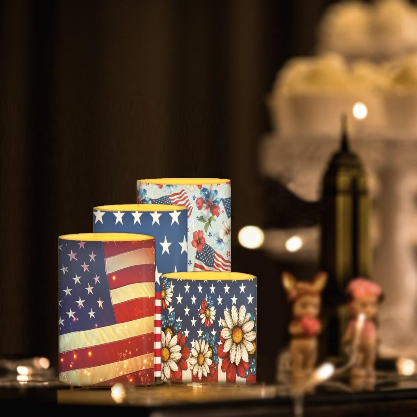 NETILGEN Patriotic American Flag Theme Flickering Flameless Candles 4 Packs Battery Powered LED Candles with Timer Remote Control American Independence Day 250th Anniversary Decor
