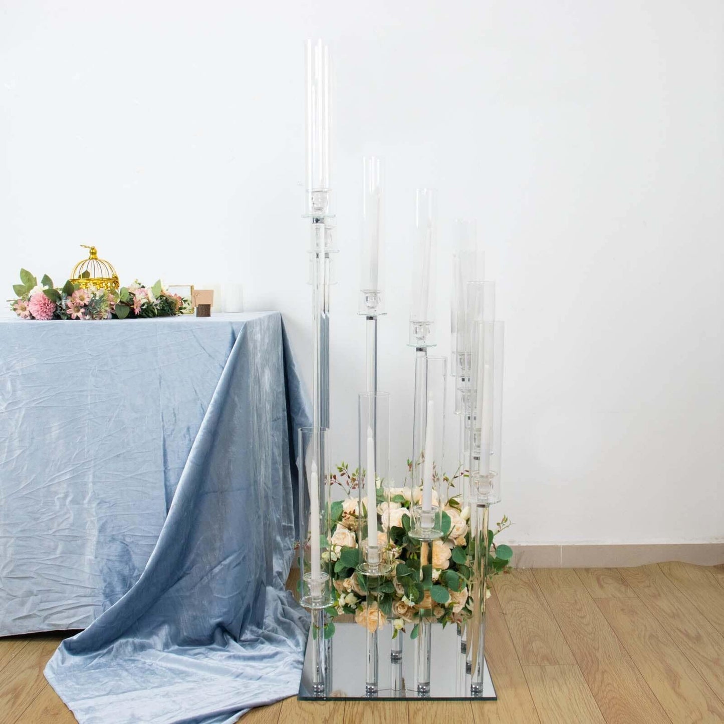 Efavormart 4.5ft Crystal 12-Arm Cluster Glass Candelabra Floral Pedestal Stand, Square Hurricane Taper Candle Holder Stand