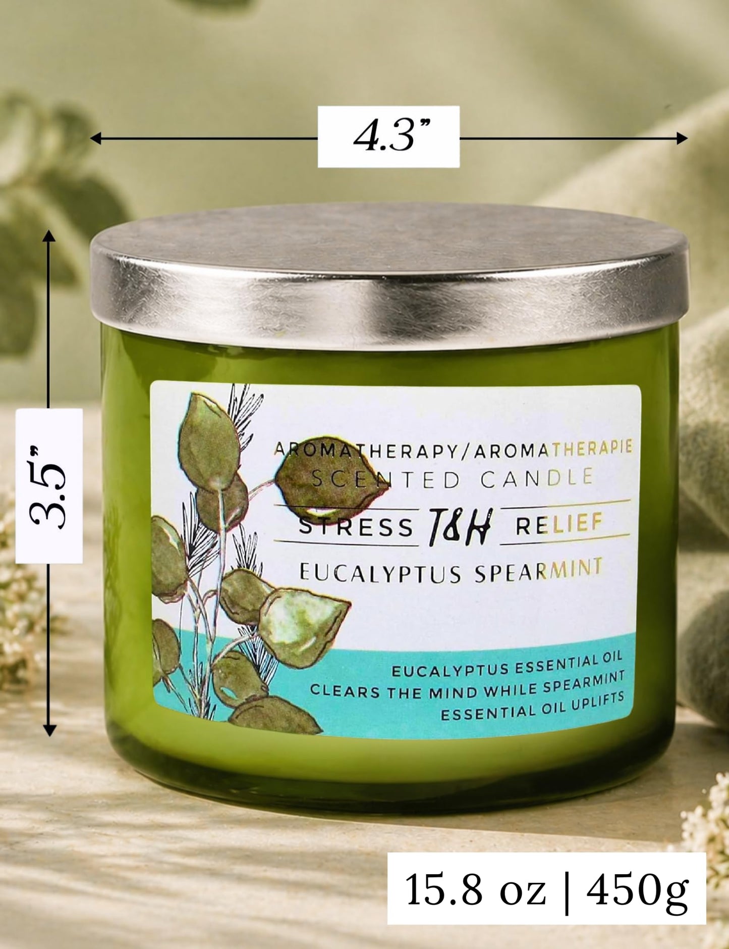 Eucalyptus Spearmint Scented Candle | 15.8 oz Large 3 Wick Soy Candle | Soothing Aromatherapy Candle for Home | Fresh Mint Spa Scent | Long Lasting Clean Burn | Relaxation & Yoga Gift for Women & Men