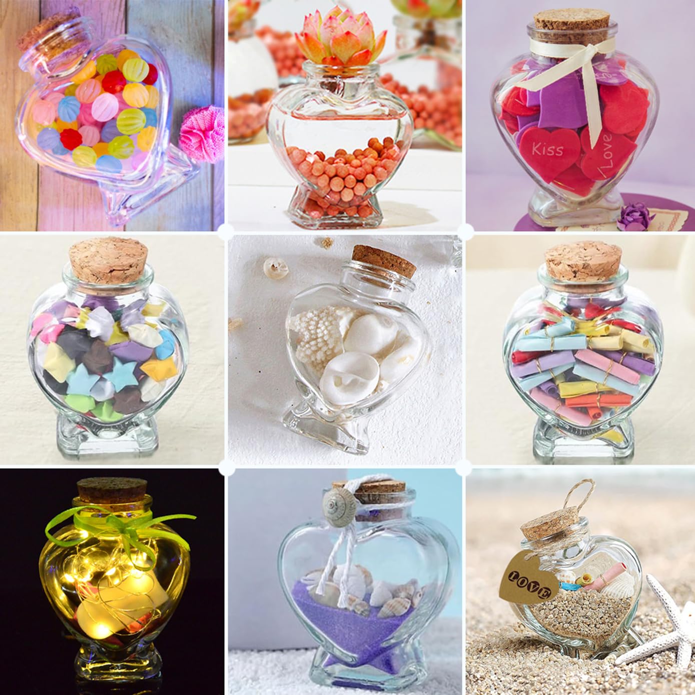 2 Pcs Heart Shaped Glass Bottle with Cork Stopper,160ml Large Empty Jar Decorative for Paper Stars,Wedding Wishes Love Notes Pet Hair Memory Keepsake Romantic Gift 3.3" Opening（Love）