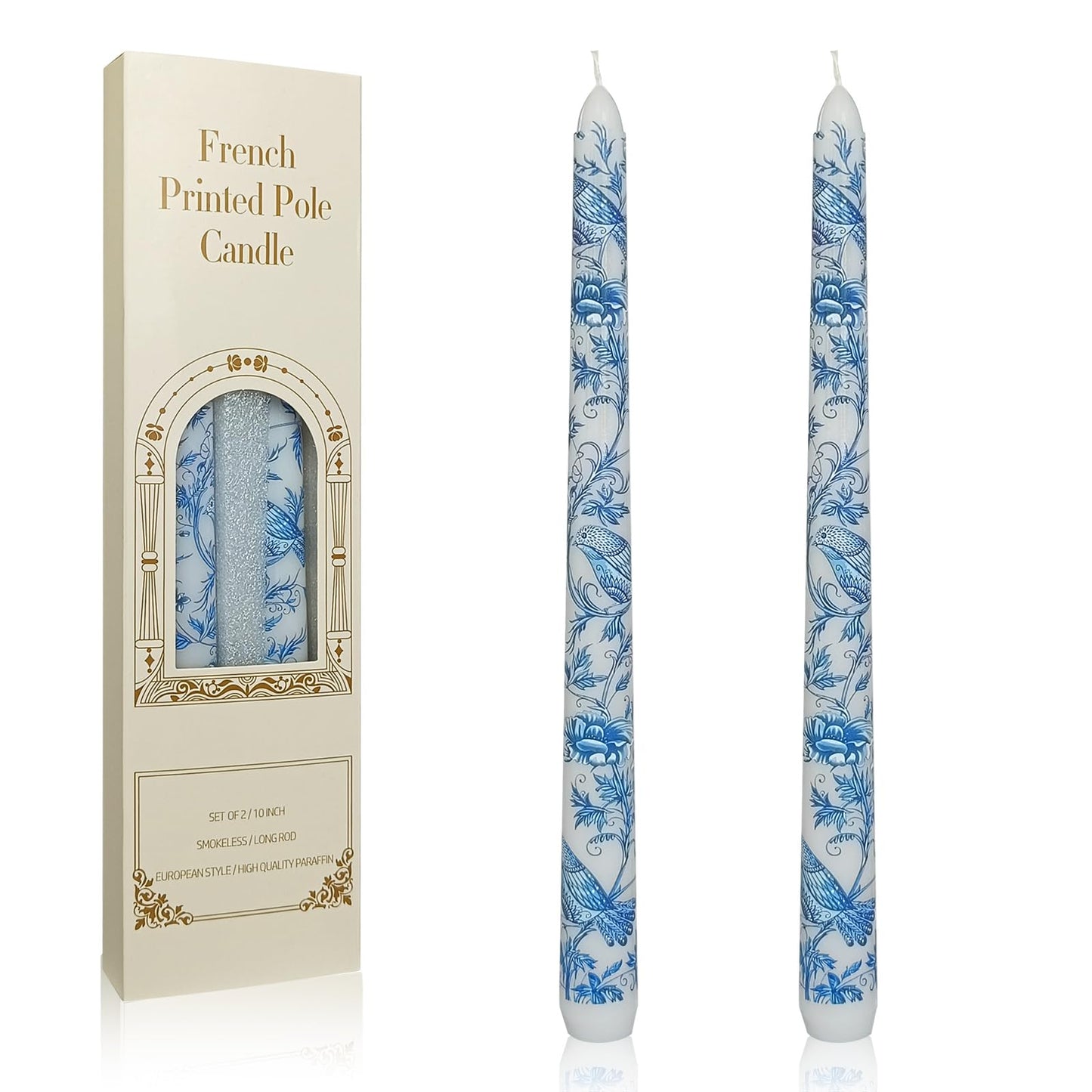 Floral Taper Candles 10 Inch Tall Unscented Handmade Blue and White Mandarin Duck Print Long Burning Elegant Candlesticks for Wedding Dinner Home Decor