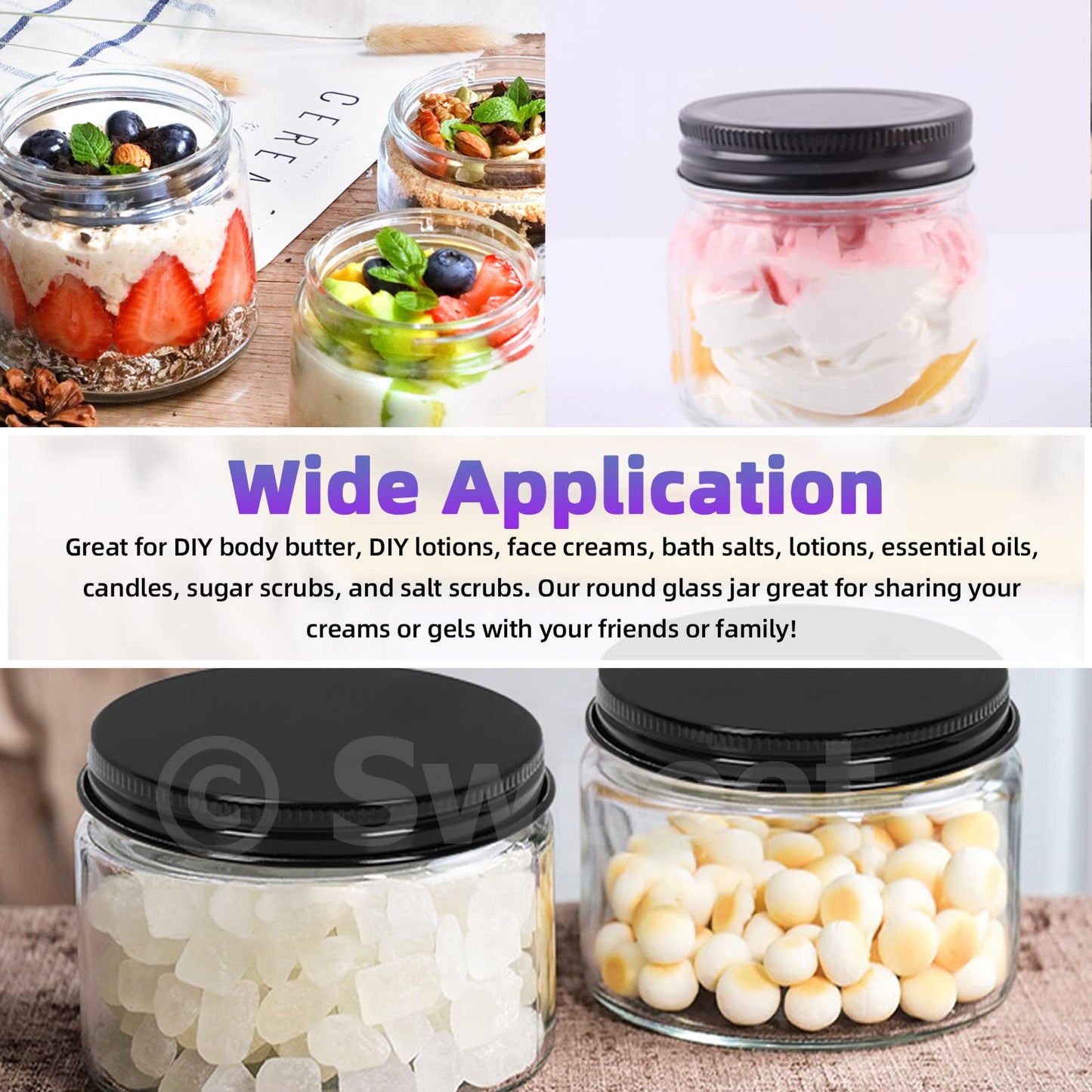 Swpeet 15 Packs 2 oz - 60ML Transparent Glass Jar with Black Lid Assortment Kit, Round Containers Cosmetic Glass Jars with Lids Travel Jars Cosmetic Containers for Cream, Lotion