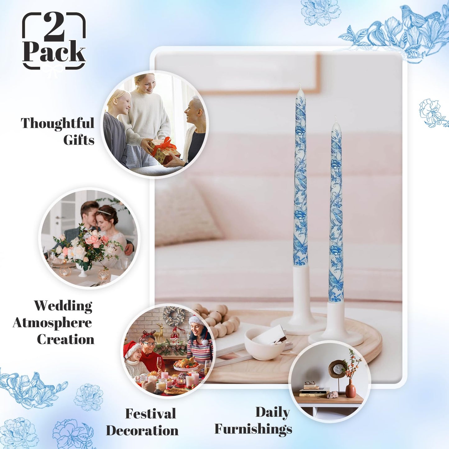 Blue and White Porcelain Taper Candles 10 Inch Print Candle Handmade Unscented Mandarin Duck Long Candles 2 Pack Candlesticks for Wedding Home Decoration Gifts