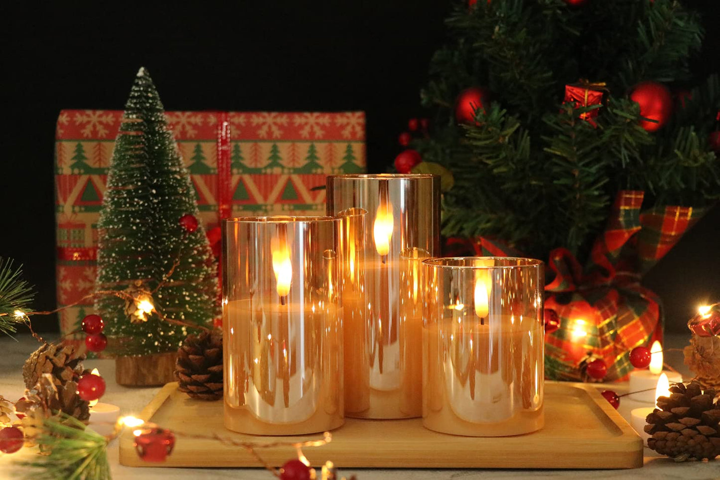 GenSwin Glass Flameless Candles Battery Operated with Remote Timer, LED FLameless Flickering 3D Wick Pillar Candles Real Wax for Festival Wedding Christmas Home Party Decor(Gold, Pack of 3)