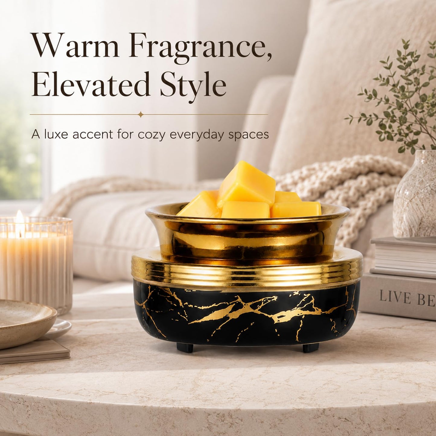Mocosa Ceramic Wax Melt Warmer 3-in-1 Candle Warmer Electric Wax Warmer for Scented Wax Melter Burner for Home,Office, for Mom Women（Black Gold）