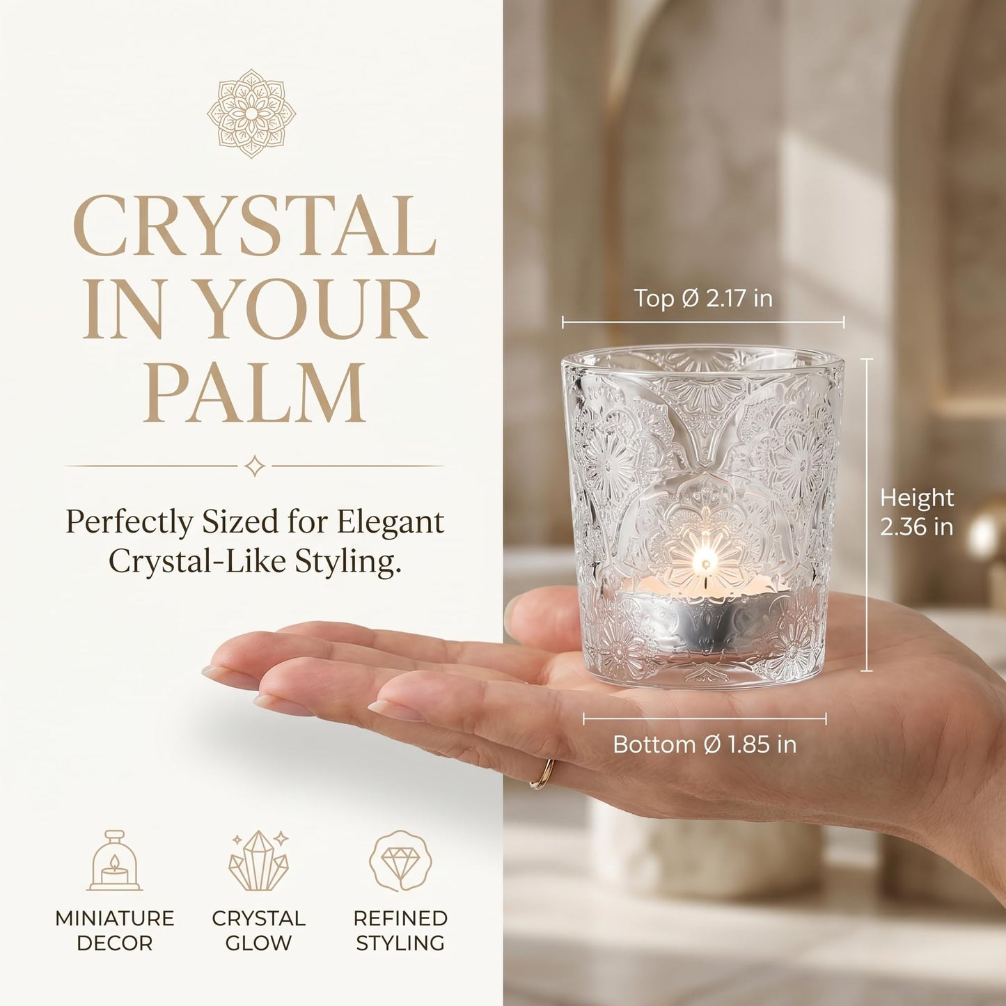 6 Pack Mandala Embossed Glass Candle Holders – Votive Tealight Holders with Patent Design, Decorative Embossed Glass Cups for Wedding Centerpieces, Parties, and Home Décor (Crystal Clear)
