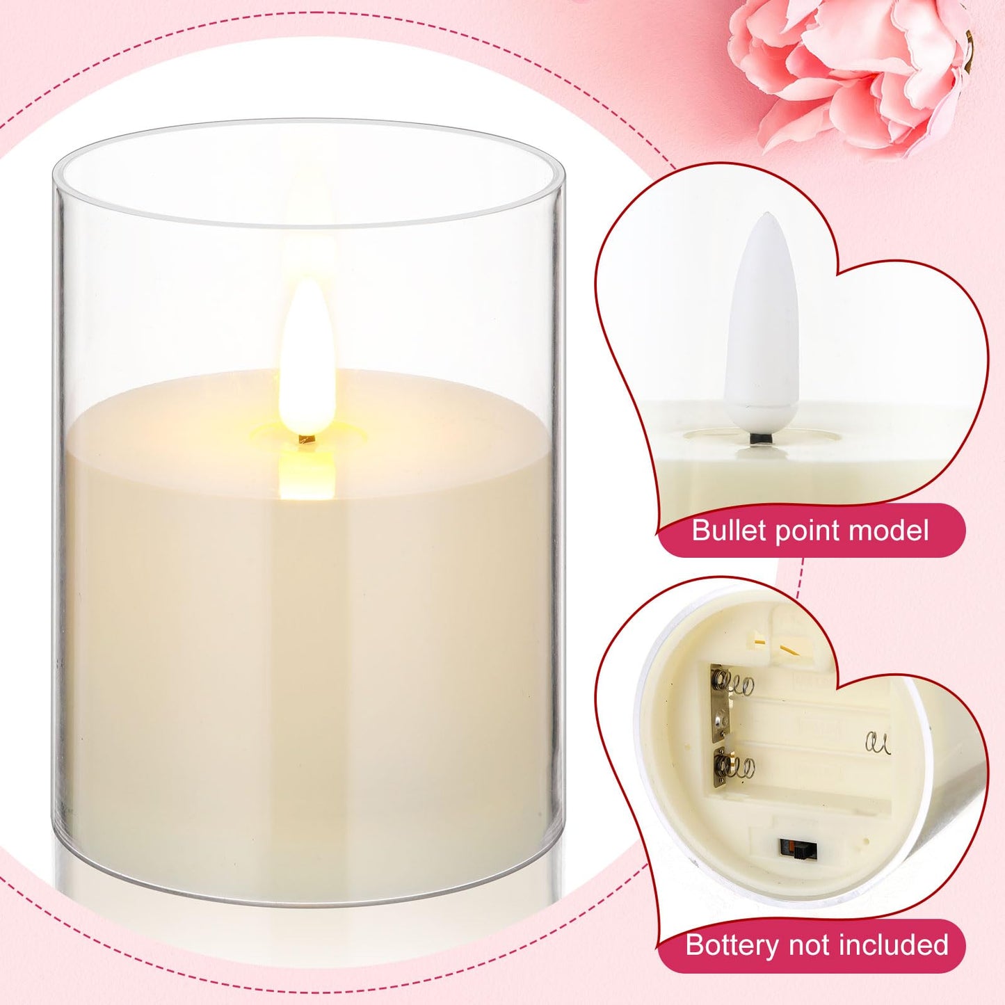 Yunlly 12 Pcs Rose Candle Rings with Flameless Candles Sets, Artificial Flower Eucalyptus Wedding Centerpiece 3 Inch Pillar Candleholders Wreaths for Wedding Party Mother's Day (Red)