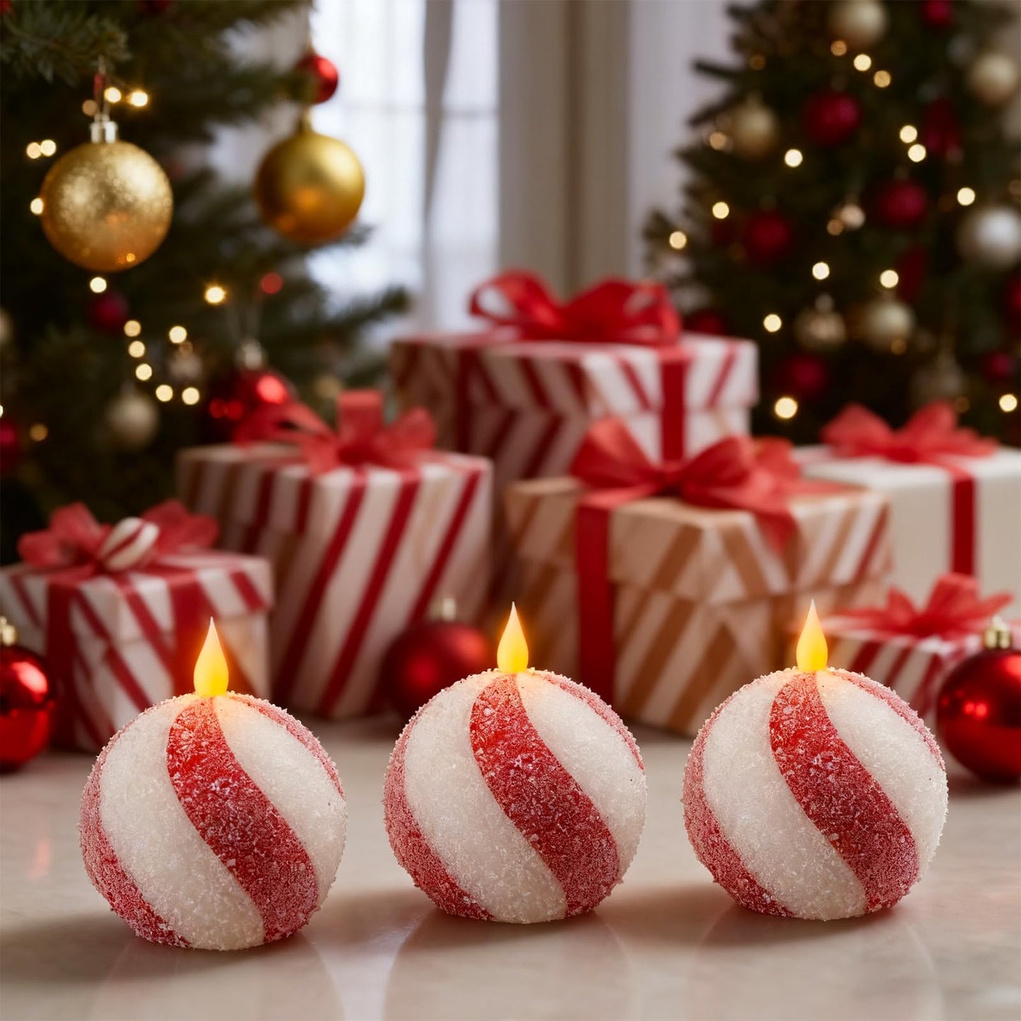 Set of 3 Christmas Sphere Candy Cane Flameless Candles, Glitter Red White Real Wax Flickering Ball Candles Battery Operated with Remote, Candy Cane Christmas Decorations, Xmas Party Centerpieces Decor