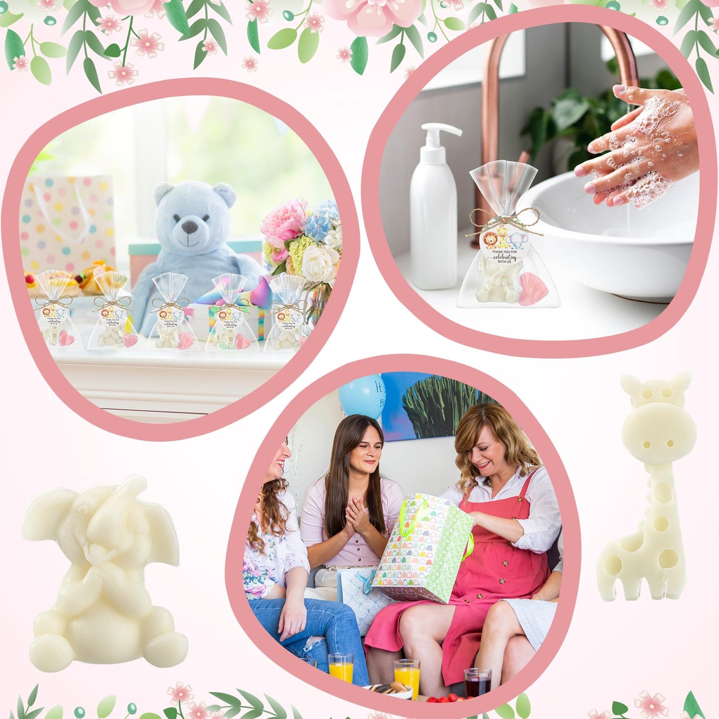 Demissle 20 Sets Safari Animal Baby Shower Soaps Favors for Guests Jungle Greeting Card Bath Gift for Birthday (Pink)