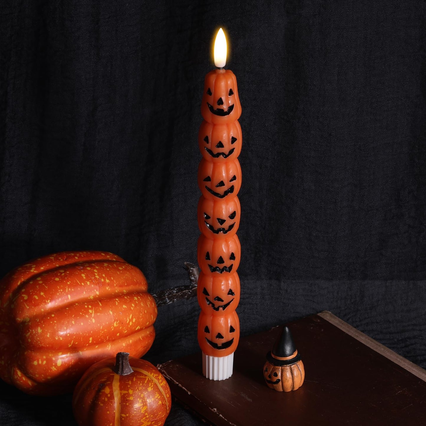 Eywamage Halloween Flameless Taper Candles with Remote, Orange Pumpkin LED Candlesticks Battery Operated Flickering Real Wax Set of 4