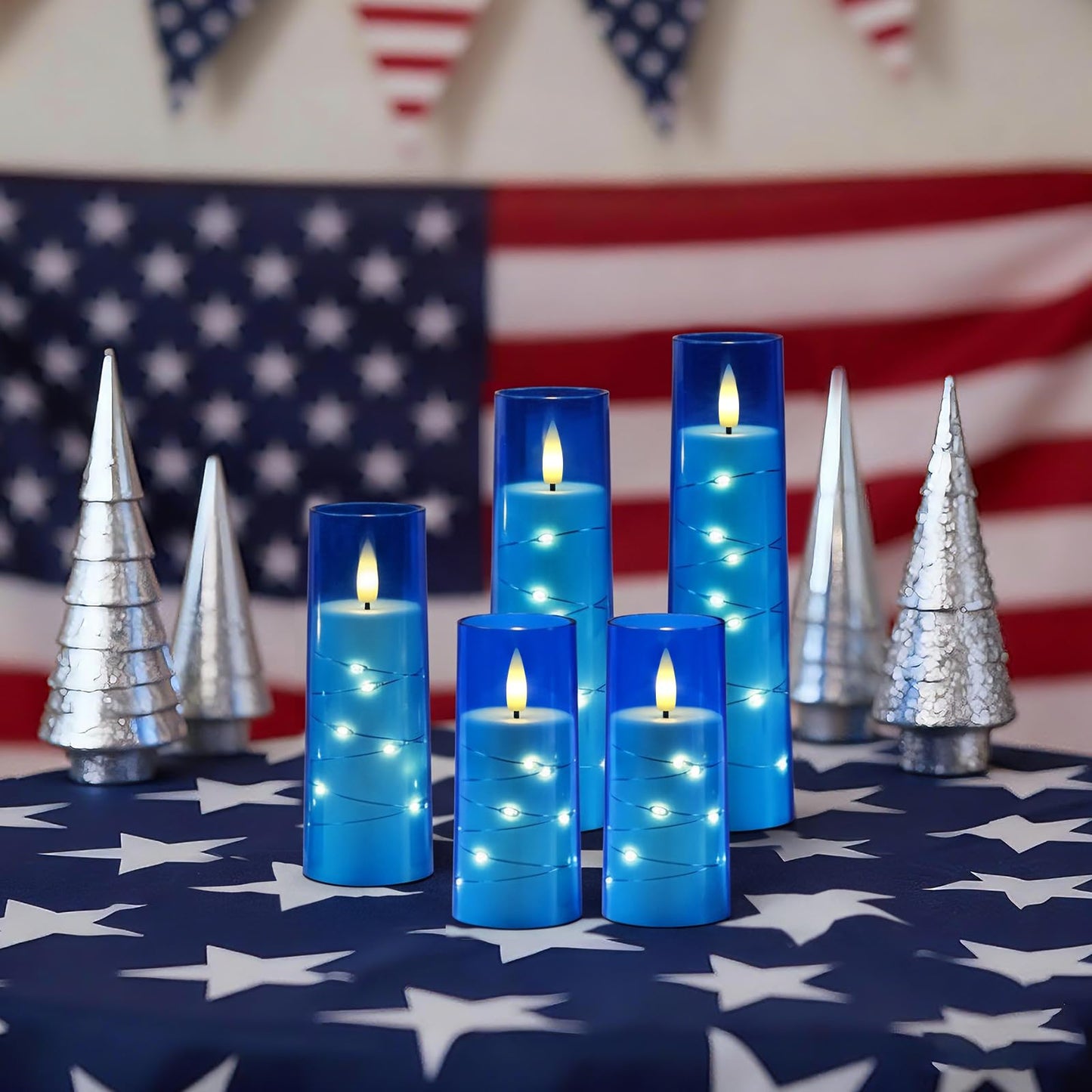 Raycare Independence Day Flameless Candle with Remote Timer – 5 Flickering Acrylic Battery Operated LED Pillar Candles with Embedded Star String for 4th of July Home Patriotic Decor, as a Gift (Blue)