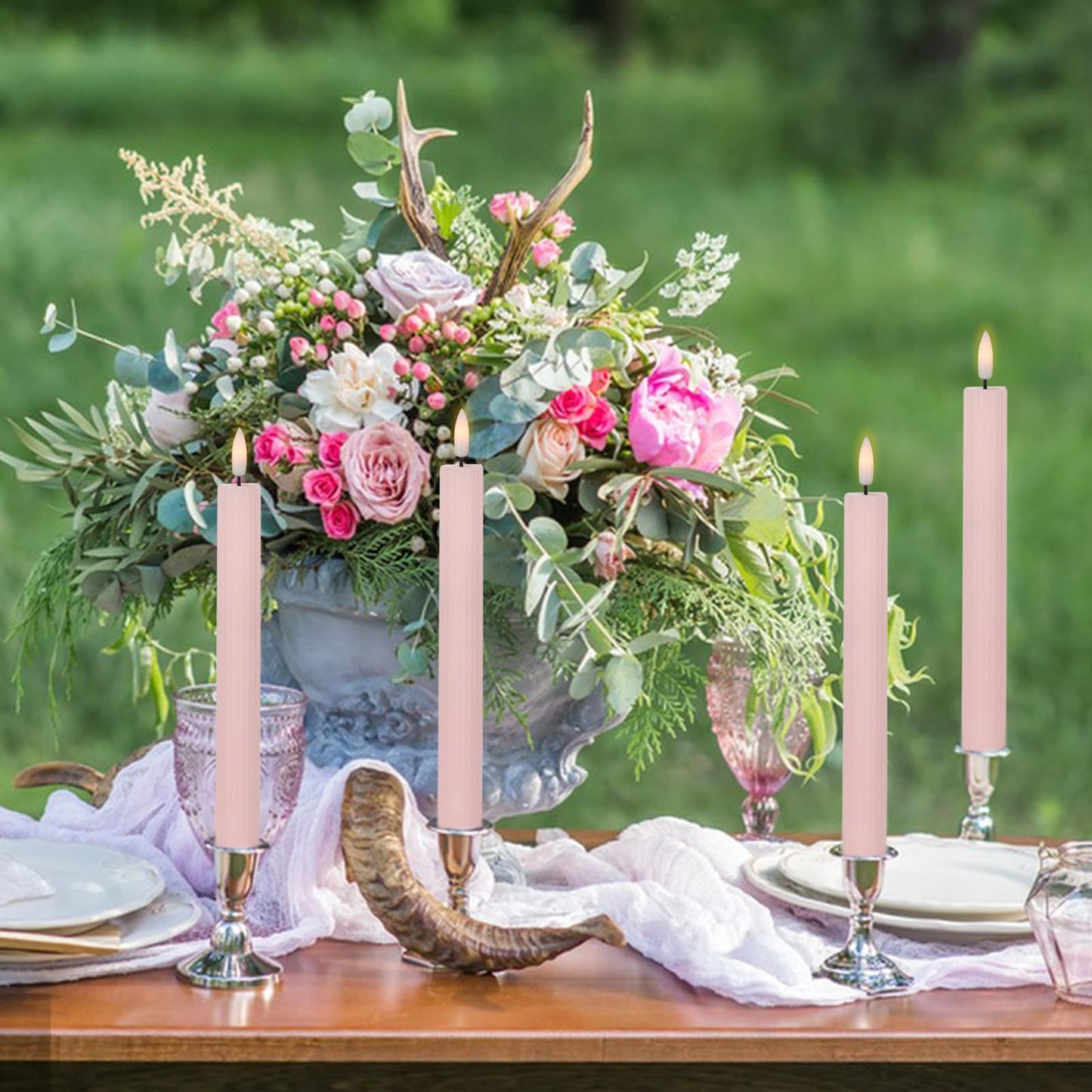 DRomance Pink Flameless Flickering Taper Candles Battery Operated with 10-Key Remote and Timer 6 Pack 3D Wick Vertical Stripe Real Wax LED Taper Candles Spring Dinner Holiday Decor(0.78" D x 9.64" H)