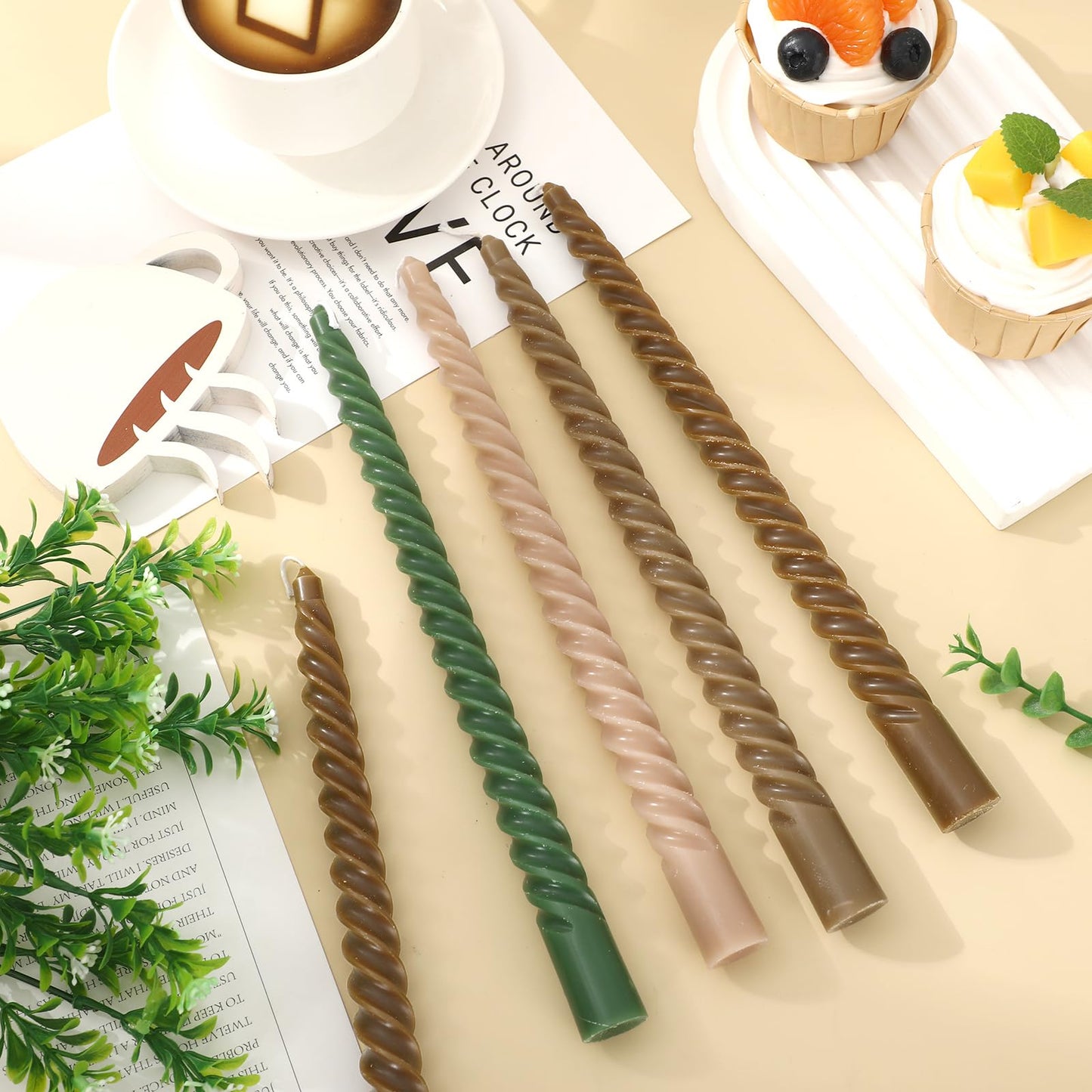 Whaline 8 Pcs 10 Inch Woodland Spiral Taper Candles Green Brown Dripless Twisted Wax Candles Long Unscented Candle Sticks for Home Forest Party Table Decor Supplies