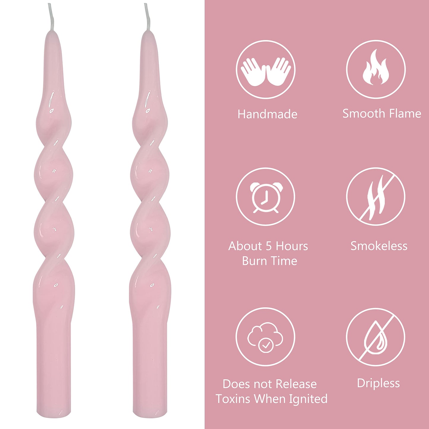 10 Inch Taper Candles Twisted Candlesticks Unscented Handmade 2 Pack Smokeless Taper Candles Dinner Table Candles for Wedding Yoga Celebration(Peach Pink)
