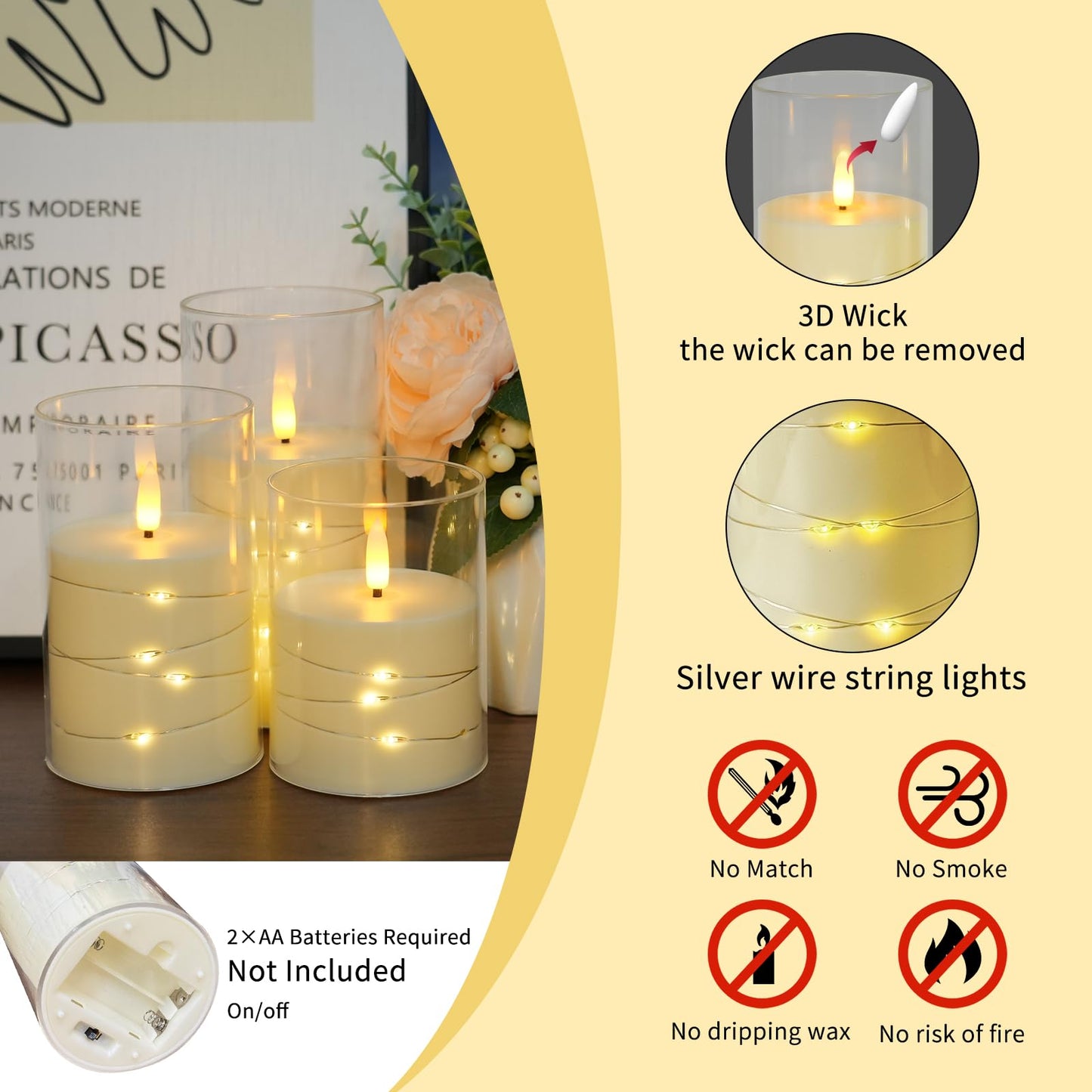 Homwamee Flickering Flameless Candles with Remote Timer- LED Candles Set of 3(4”/5”/6”), Battery Powered Candle in Glass Safe for Home/Wedding/Party/Table