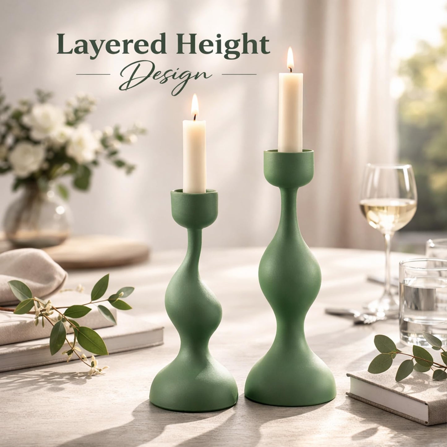Smtyle Taper Candle Holders Set of 2 Sculptural Cast Aluminum Candlestick Holders, Modern Minimalist Sage Green Candle Stand for Dining Table, Living Room, Shelf Decor